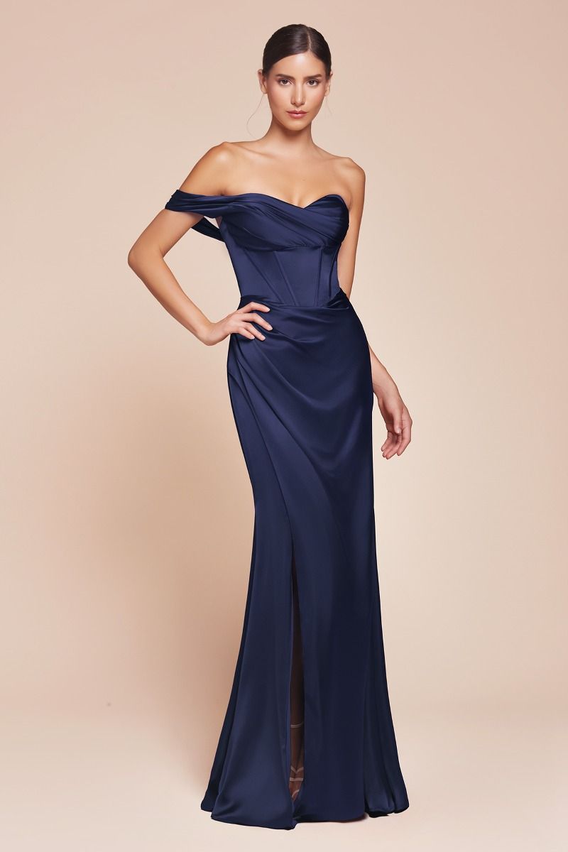 Audra Navy One Shoulder Luxe Satin Corset Gown - Elegant Evening Dress for Prom, Wedding & Formal Events