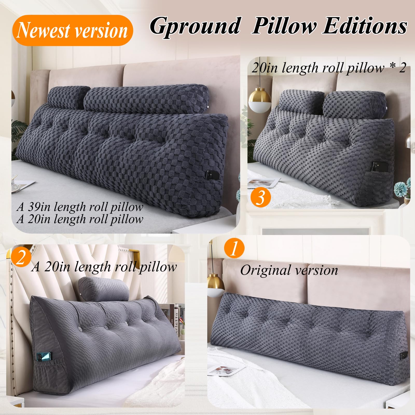 Wedge Headboard Pillows Set - Long & Short Bolster Pillows for Bed Backrest, Comfortable Sitting & Reading in Bed - Perfect for Relaxation, Watching TV, and Lounging