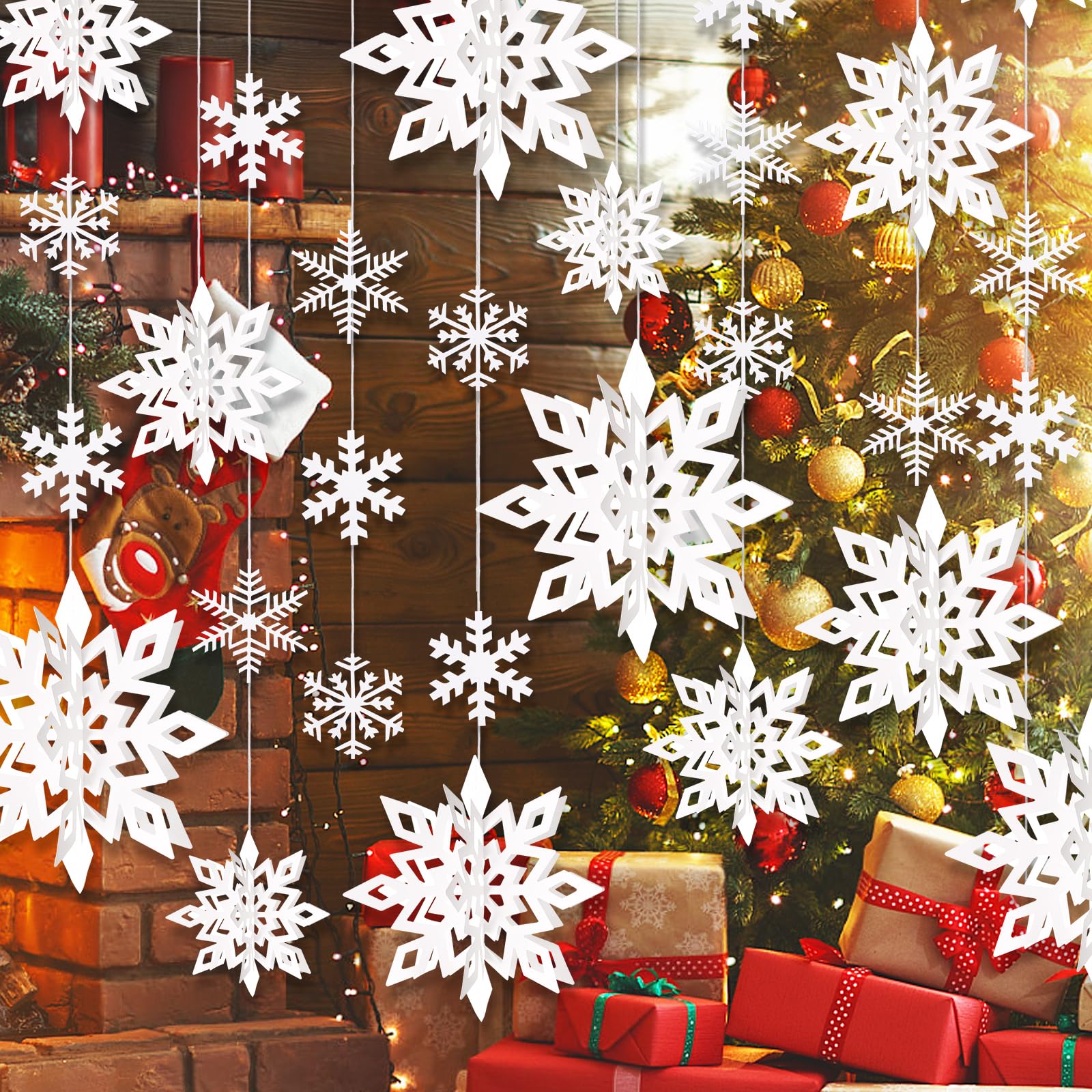 30pcs 3D Hanging Snowflake Decorations - Large Paper Snowflake Garland for Christmas Tree & Winter Wonderland Party Decor - Indoor Home Holiday Decorations for White Christmas, New Year & Winter Weddings