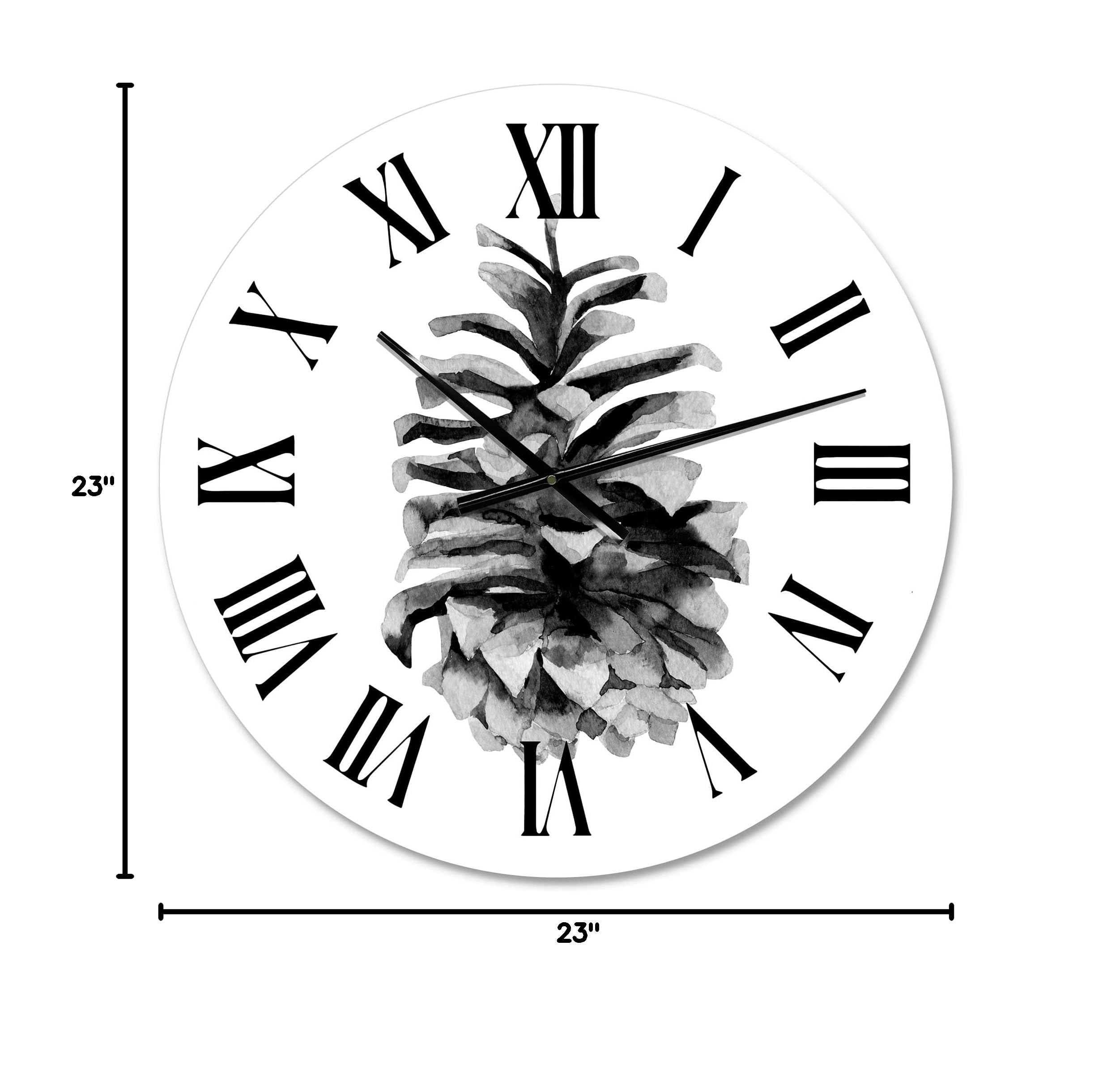 DesignQ Traditional Wall Clock 'Conifer Cone Monochrome' - Large Floral Botanical Wall Clock for Bedroom, Living Room & Office Decor | Silent Non-Ticking, Perfect for Home & Workspace