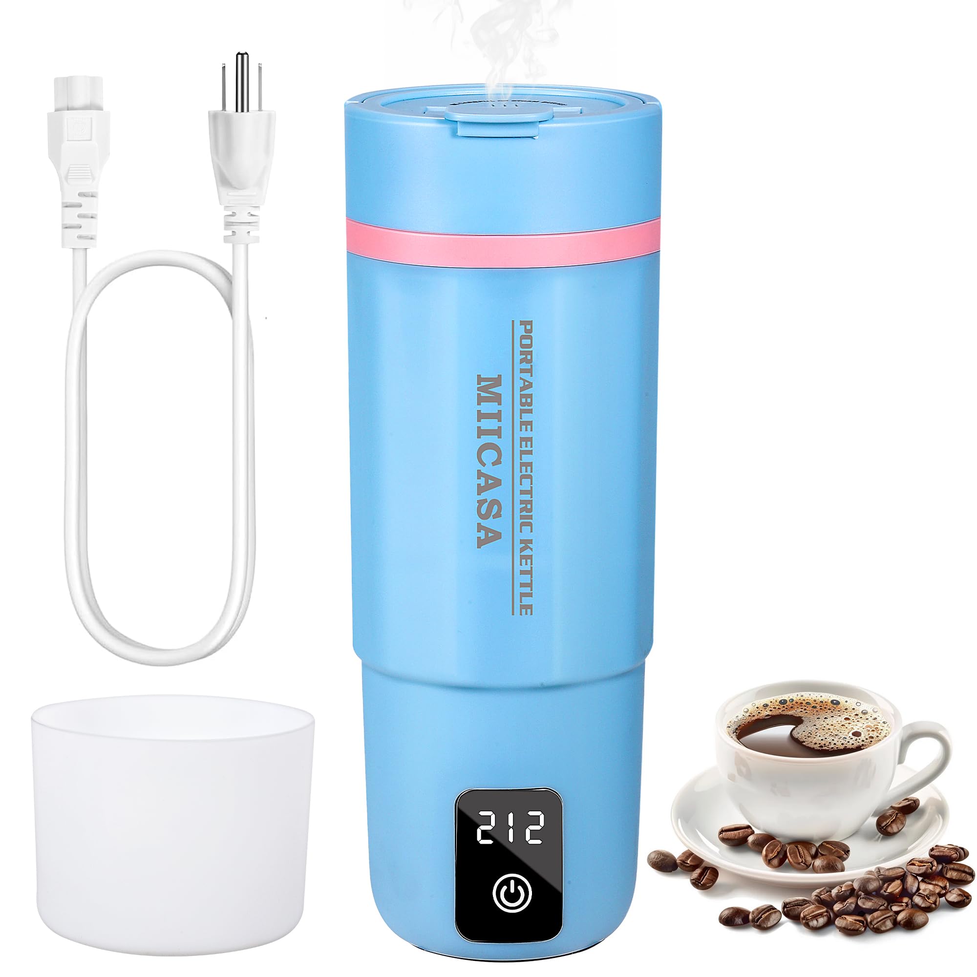 Portable Electric Travel Kettle - 17oz Stainless Steel Water Boiler with 6 Temperature Settings, Auto Shut-Off & Boil-Dry Protection, Waterproof Base (Polygon Blue) - Perfect for Camping, Office, Hotel & Home Use