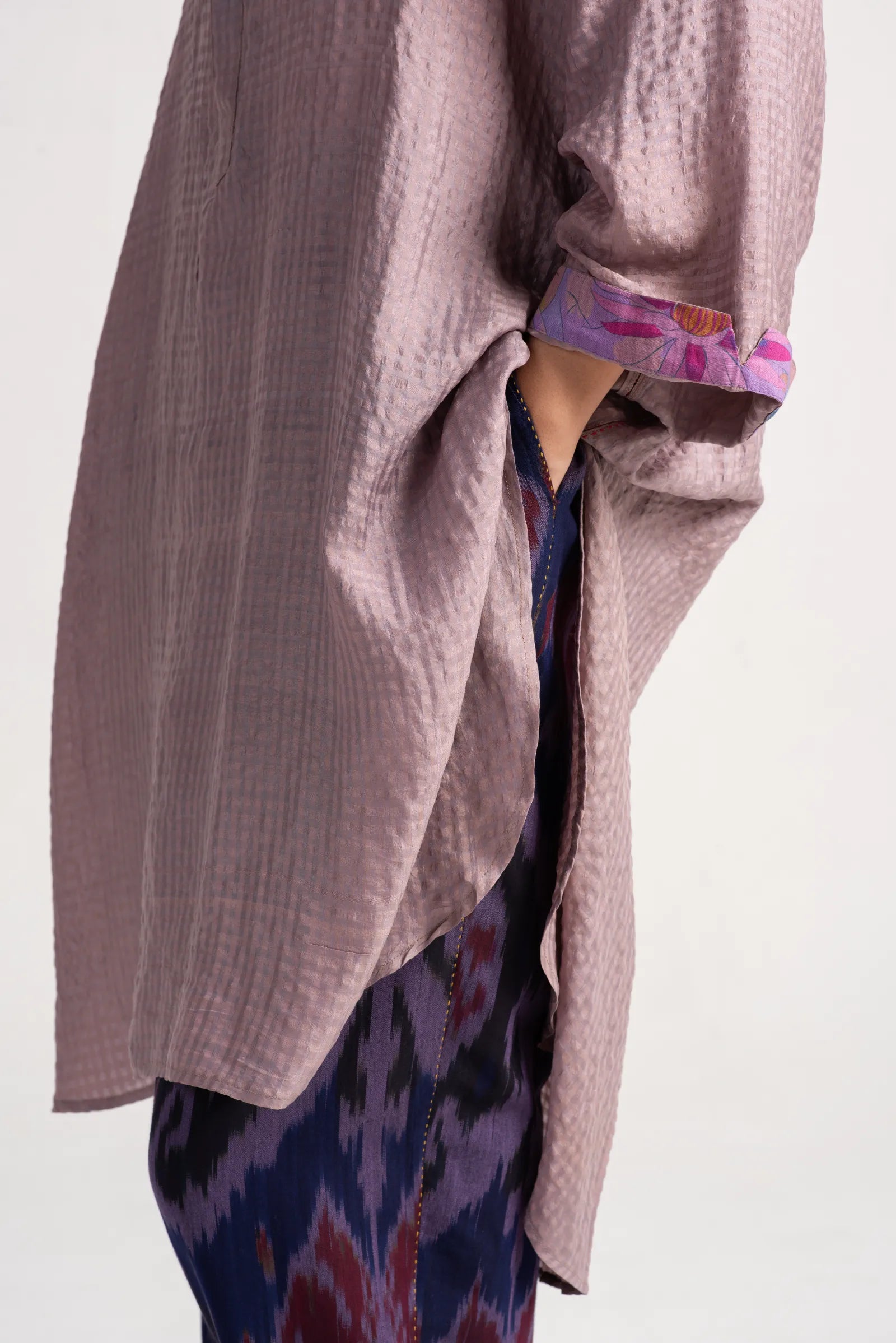 Firoza Kurta Silk Check Dusty Mauve - Elegant Women's Silk Tunic Top for Casual Wear, Parties & Festivals