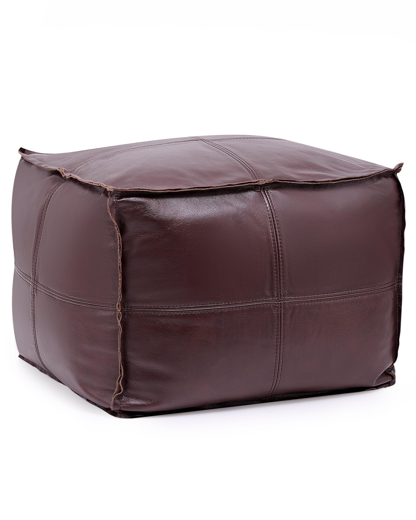 VONLUCE Genuine Leather Square Pouf Ottoman - Handmade Moroccan Style Stuffed Footstool Hassock - 18.9 x 18.9 x 14.6 Inch Dark Brown Foot Rest for Living Room, Bedroom & Nursery - Perfect for Lounging, Extra Seating & Home Decor
