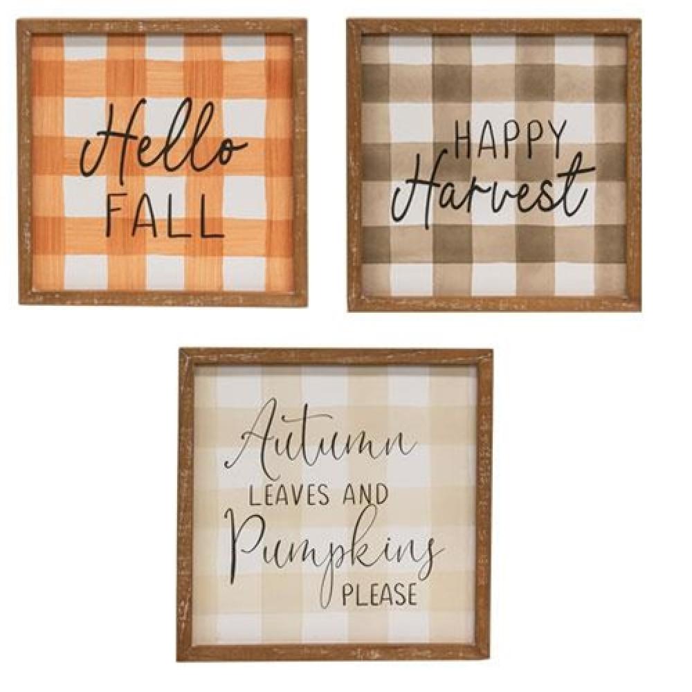 Fall Gingham Wood Sign - Set of 3 Assorted Seasonal Decor - Perfect for Autumn Home Decor, Thanksgiving Centerpiece, and Farmhouse Wall Art