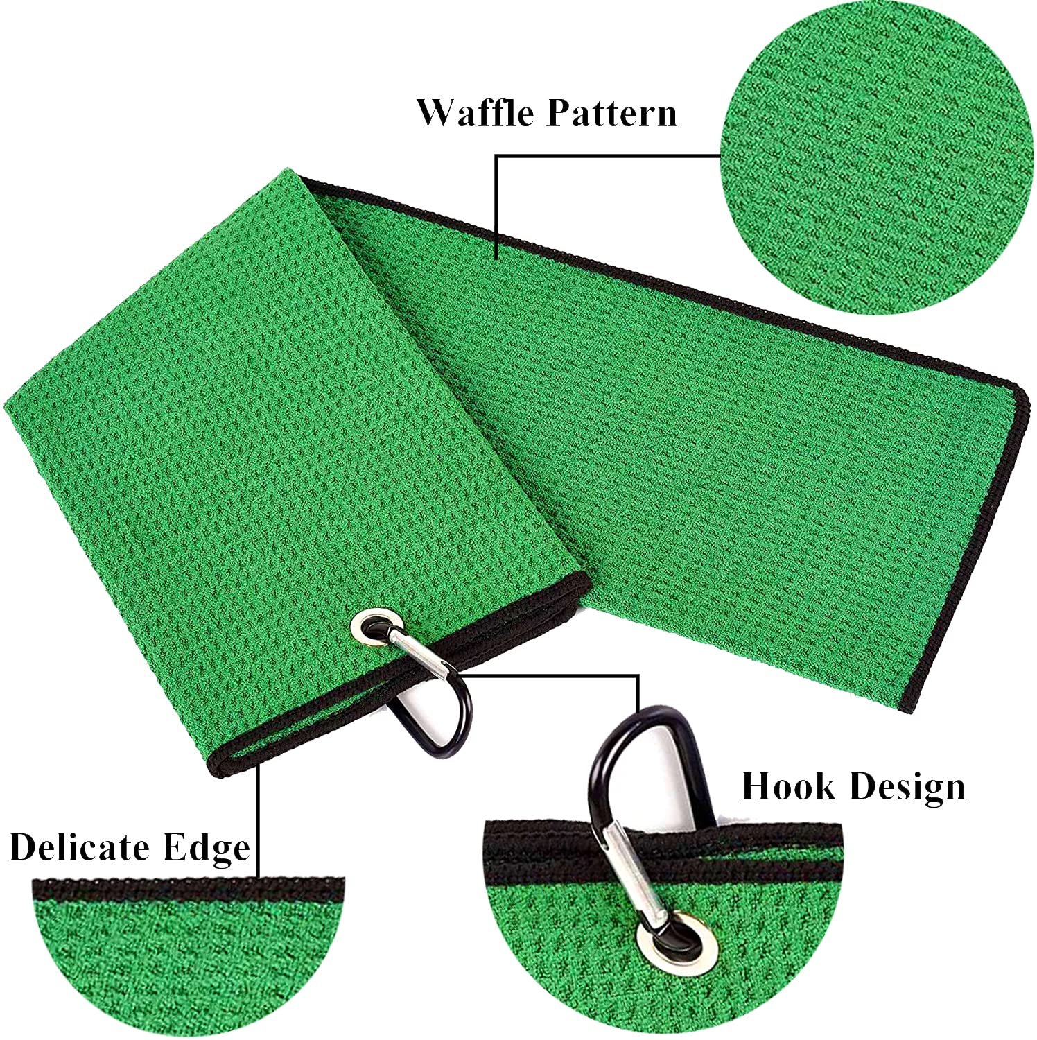 Premium 2-Pack Tri-Fold Golf Towels - Super Absorbent Microfiber Waffle Pattern with Heavy Duty Carabiner Clip - Green Golf Accessories for Men - Perfect for Golf Bags, Clubs & On-Course Use
