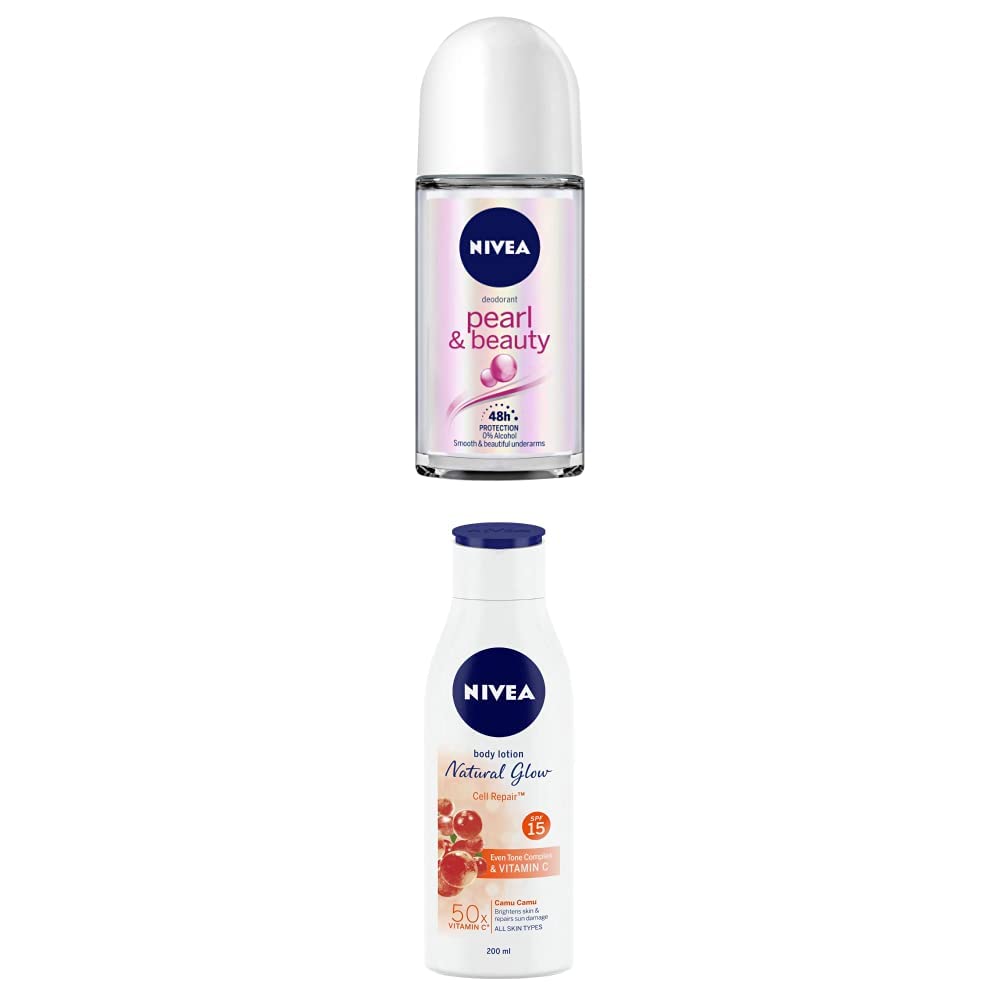 Nivea Pearl & Beauty Women's Deodorant Roll-On 50ml + Extra Whitening Body Lotion 200ml Set - Fresh All Day & Smooth Skin Care for Daily Use