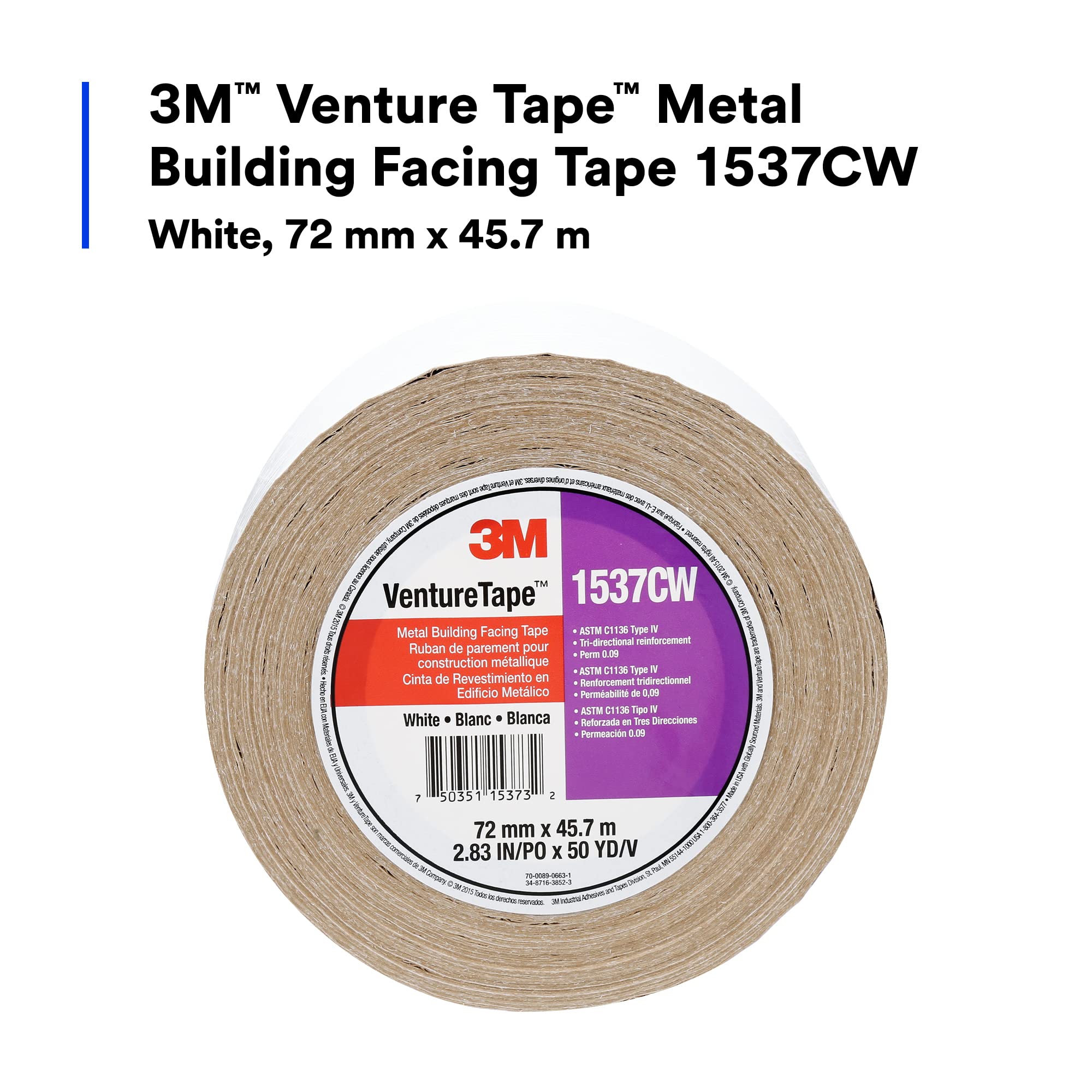 3M Metal Building Facing Tape 1537CW - White HVAC Tape (72mm x 45.7m, 16 Rolls/Case) for Sealing Joints, Seams & Insulation in Commercial Buildings