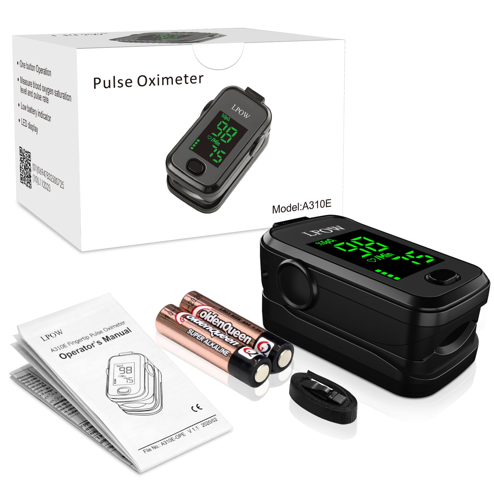 LPOW Fingertip Pulse Oximeter - Accurate Blood Oxygen Saturation (SpO2) & Heart Rate Monitor with Batteries & Lanyard - A310E - Perfect for Home Use, Travel, and Fitness Tracking