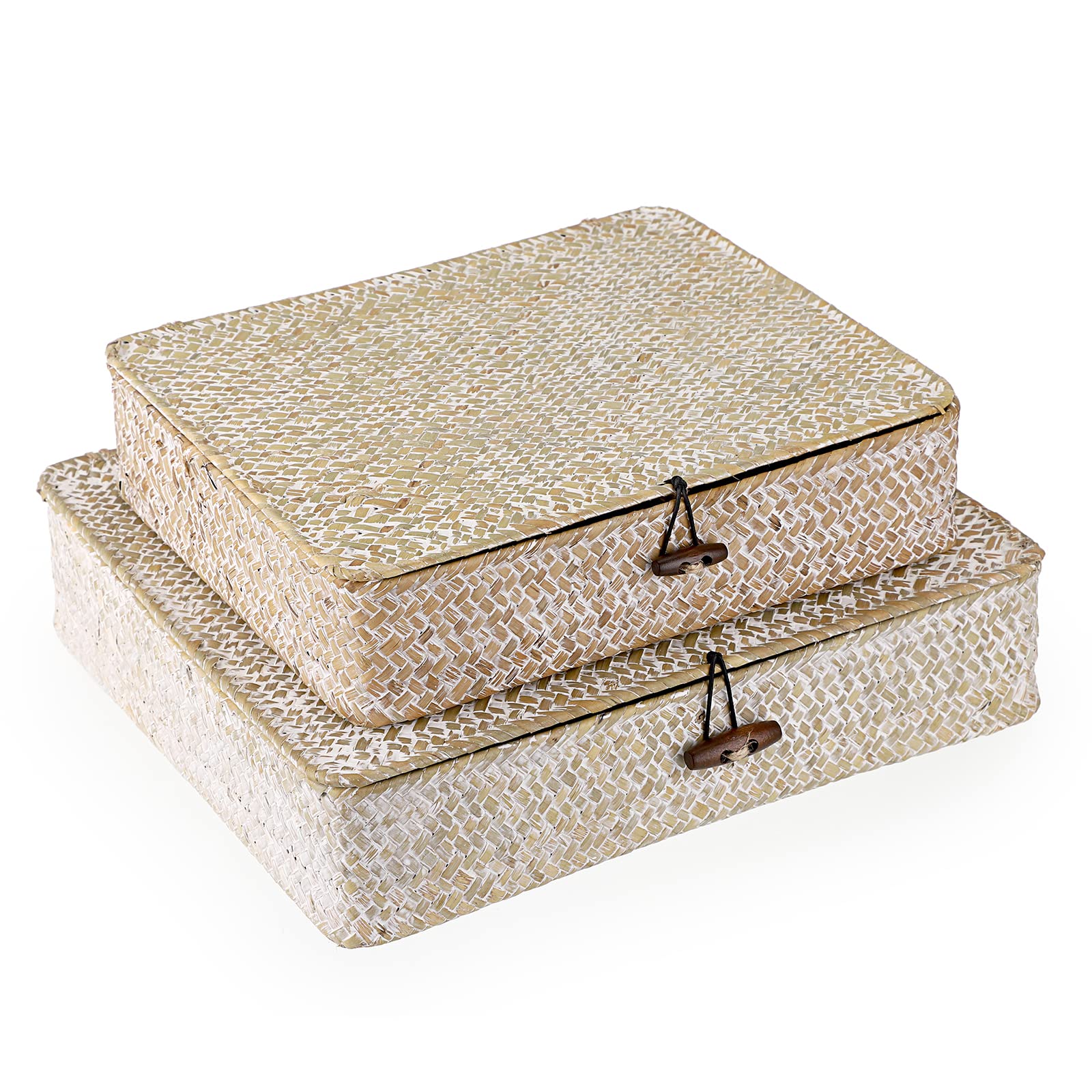 Natural Seagrass Storage Bins with Lids - 2-Pack Wicker Organizer for Home & Shelf