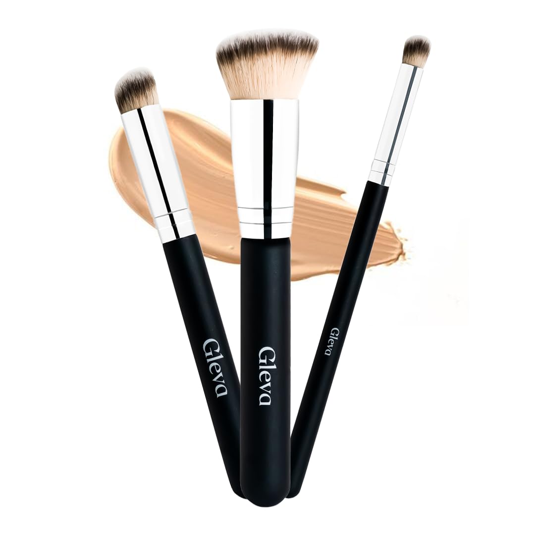 Gleva 3-Piece Foundation Concealer Brush Set - Mini Angled Under Eye Brush & Small Makeup Blending Brushes for Liquid, Cream & Powder Cosmetics | Perfect for Flawless Base, Contouring & Everyday Makeup Application