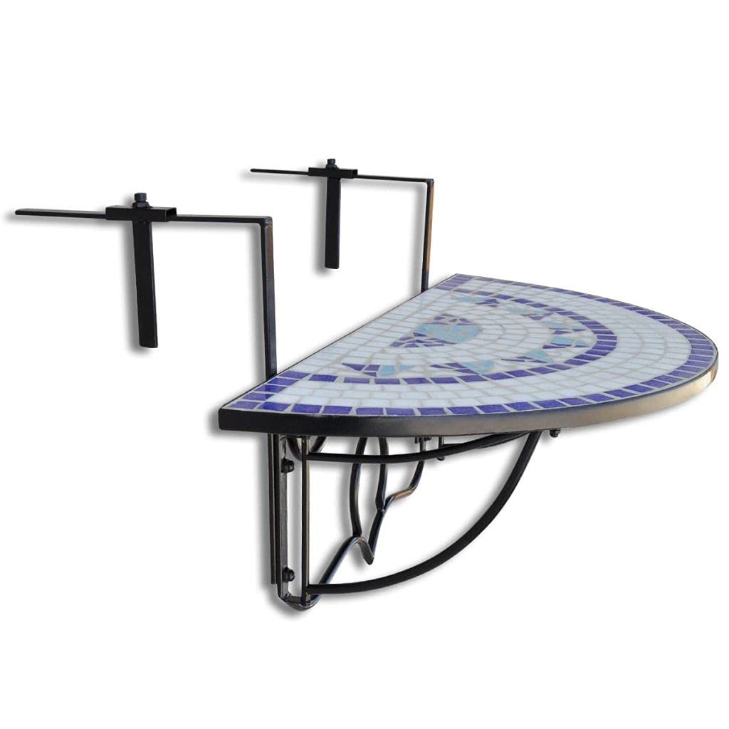 Blue and White Mosaic Patio Table - Outdoor Hanging Table for Garden, Balcony, Poolside - Weather Resistant & Stylish Decor for Relaxing Outdoors (Fast Shipping)