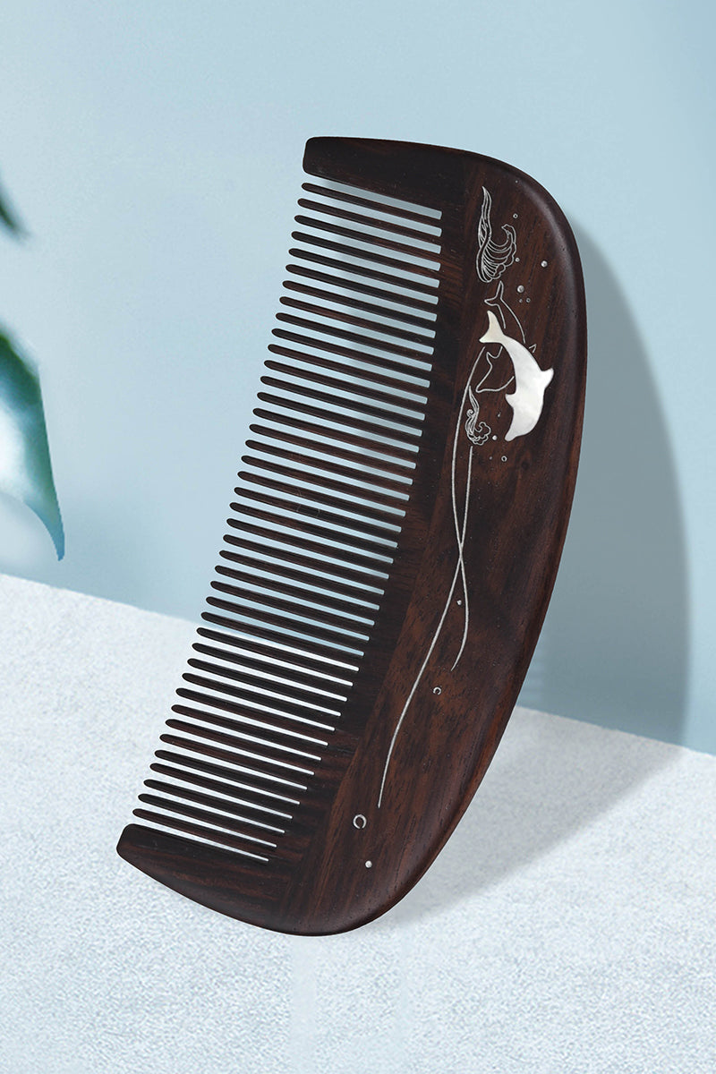 Handmade Seashell Dolphin Wooden Comb - Natural Hair Care for Women & Men - Perfect for Travel, Gifts & Daily Styling
