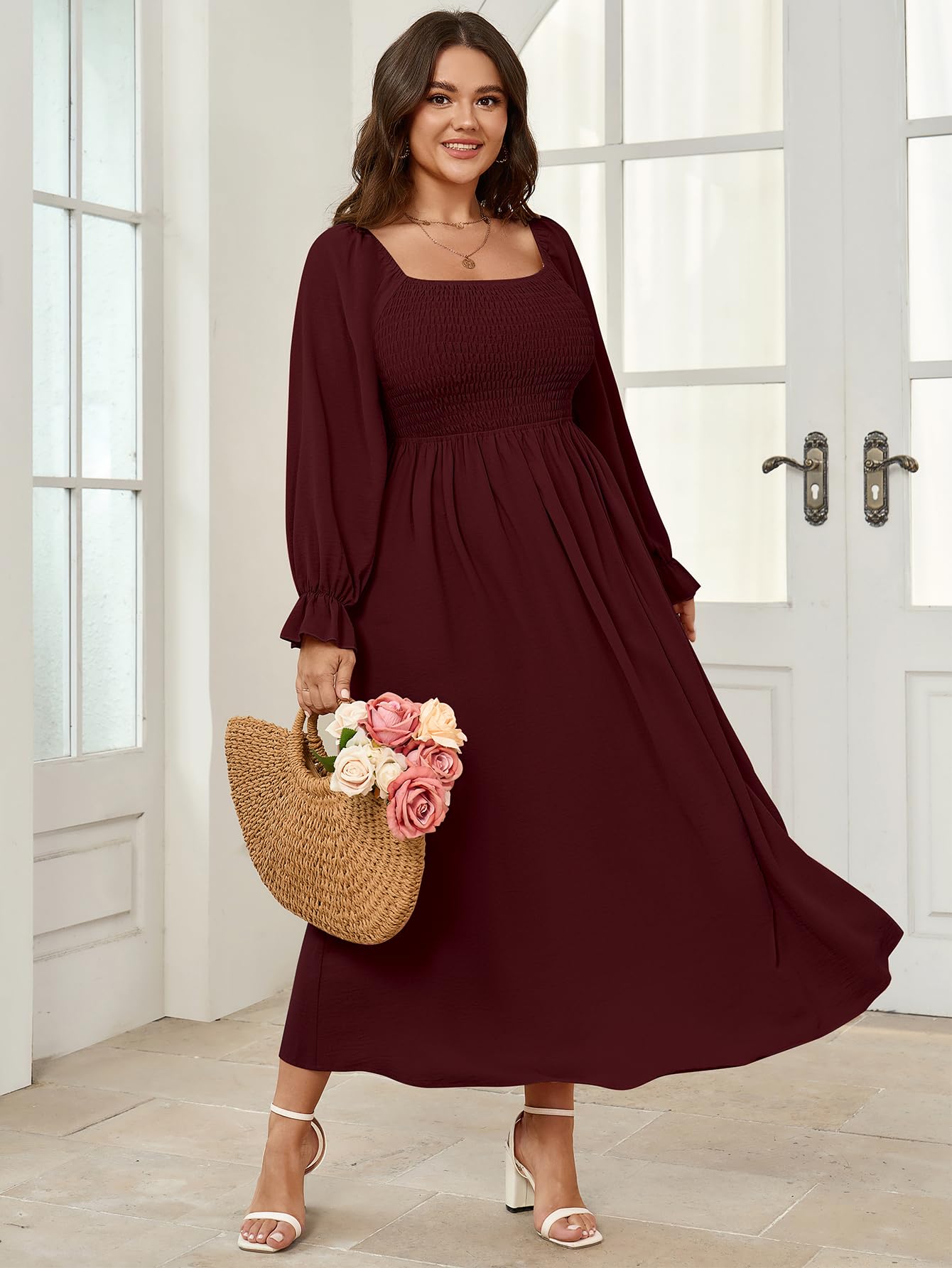Plus Size Maxi Dress for Women - Long Sleeve Square Neck Smocked Flowy A-Line Boho Wedding Party Dress | Perfect for Beach Vacations, Bridal Showers & Summer Weddings