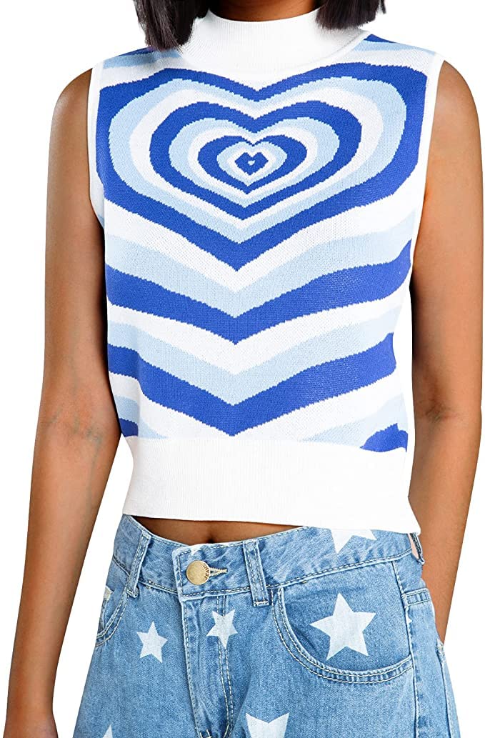 Y2K Heart Print Women's Cropped Sweater Vest - Mock Neck Sleeveless Knit Top for Casual Outfits & Layering | Perfect for Streetwear, Date Nights & Fall Fashion