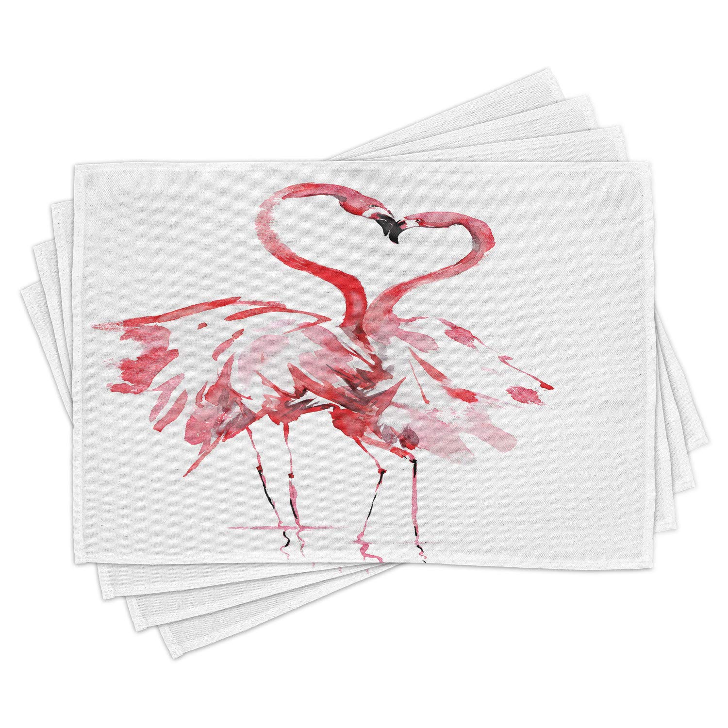 Ambesonne Flamingo Place Mats Set of 4 - Romantic Watercolor Flamingo Couple Design, Washable Fabric Table Mats for Dining Room & Kitchen Decor in Dark Coral & White - Perfect for Valentine's Dinner, Anniversary Celebrations & Tropical-Themed Parties