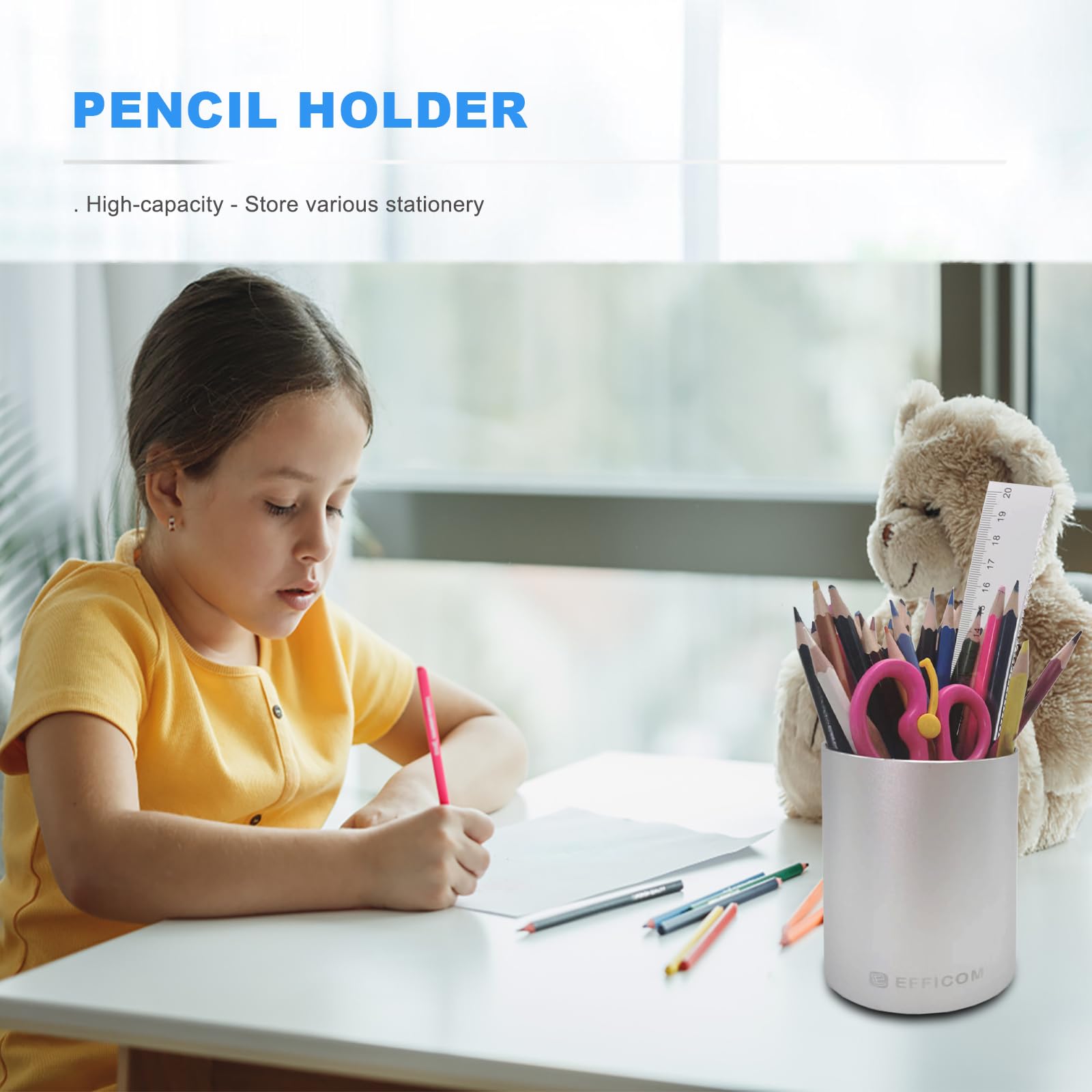 Metal Pen Holder for Desk - Polished Aluminum Pen Cup Organizer, Office & School Stationery Storage (3.15