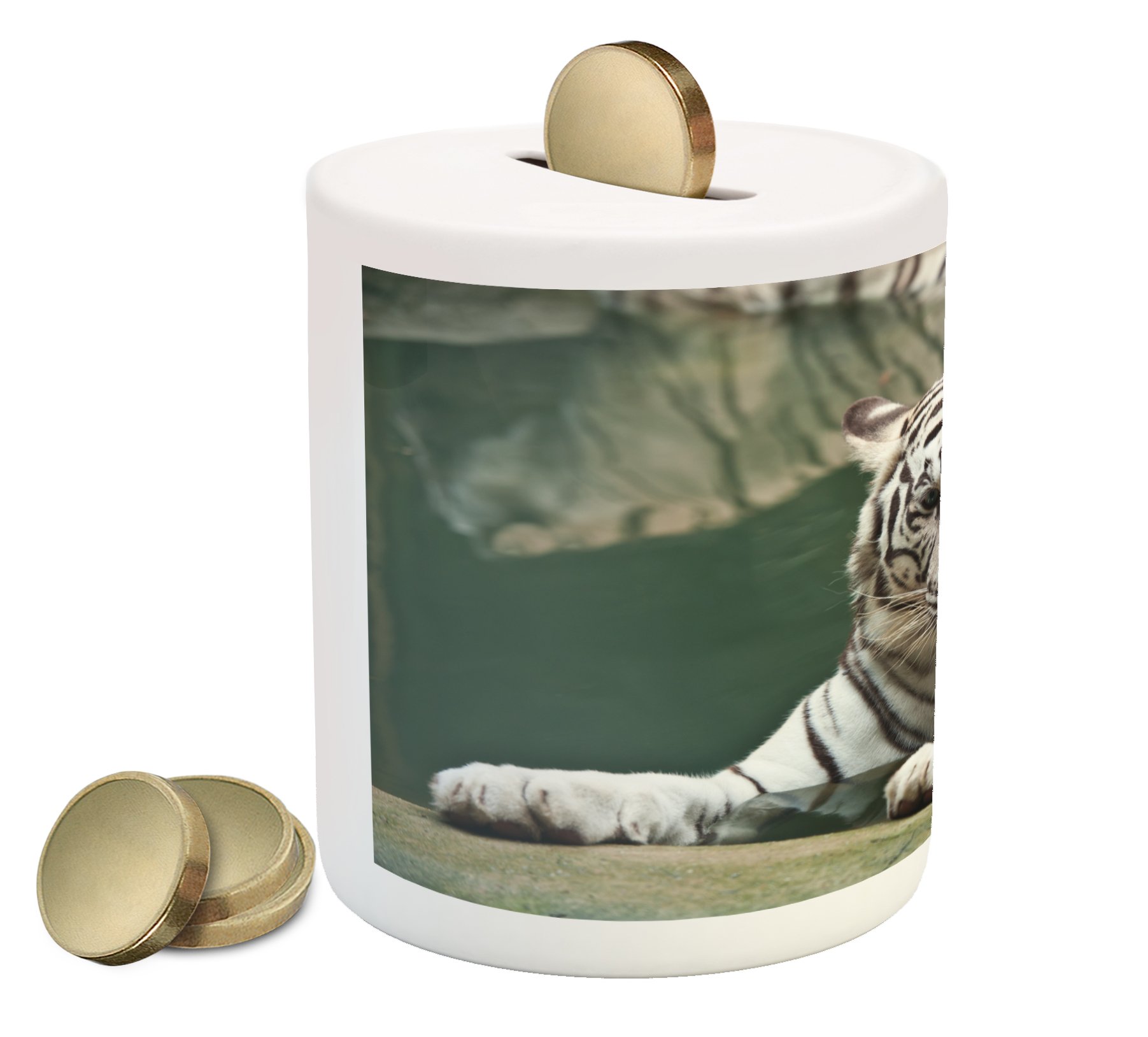 Ambesonne Ceramic Tiger Piggy Bank - Bengal White Tiger with Black Stripes Design, Large Animal Coin Bank for Cash Savings, Teal & White | Perfect for Kids' Savings, Birthday Gifts & Home Decor