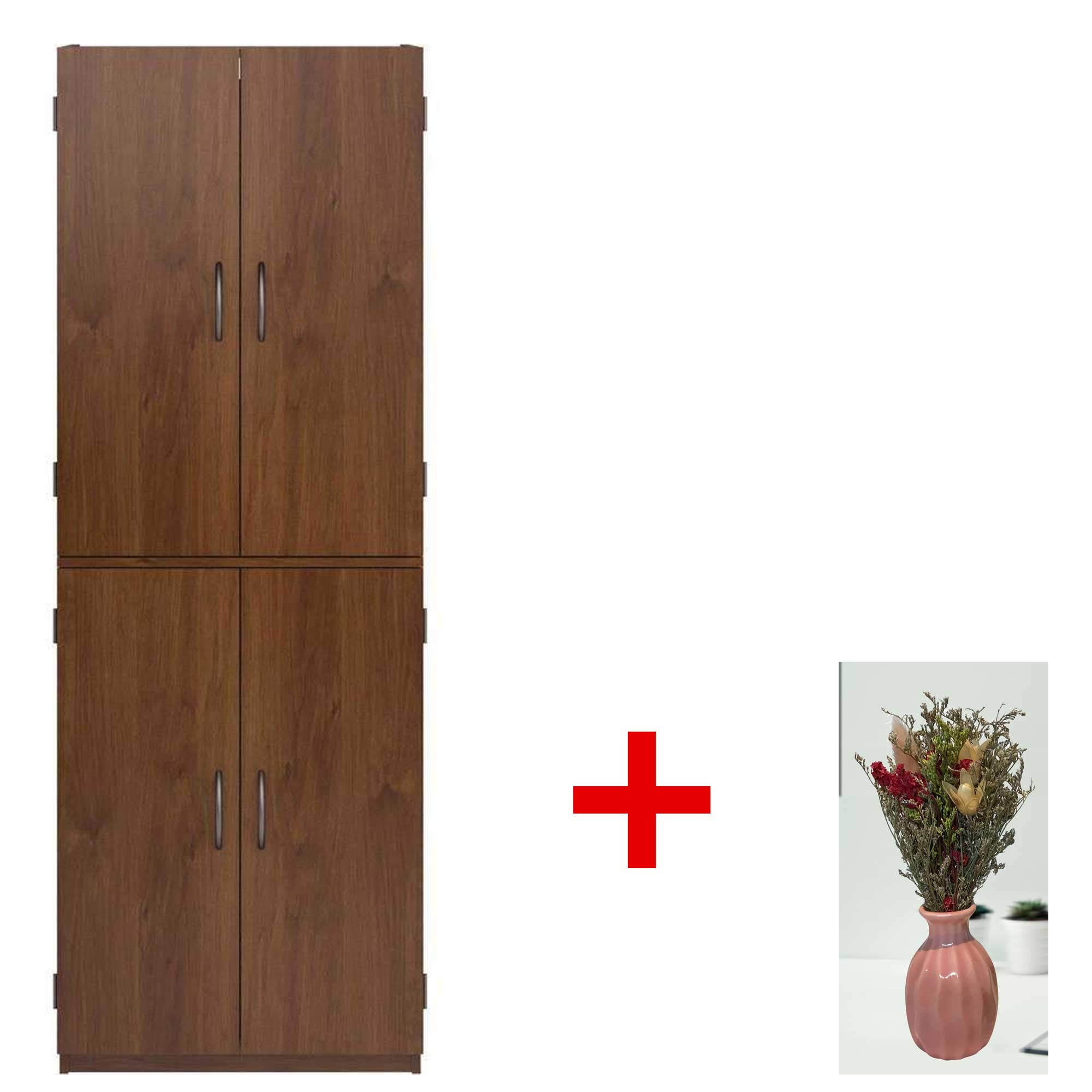 Mainstays 4-Door Tall Storage Cabinet with Vase - Northfield Alder Finish for Home Organization | Perfect for Bedroom, Living Room & Office Storage Solutions