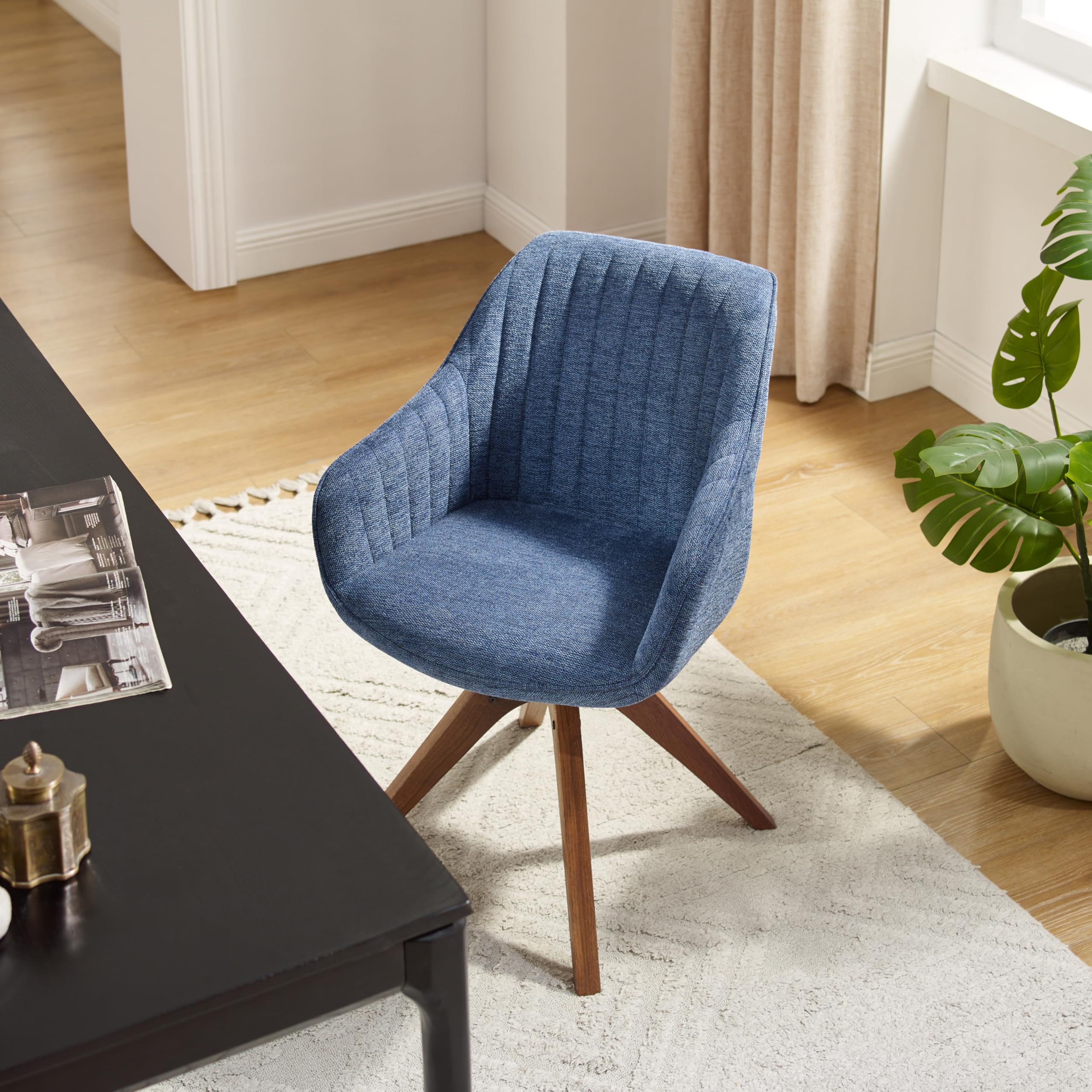Art Leon Mid Century Modern Office Chair - No Wheels Swivel Accent Chair with Oak Wood Legs & Fabric Upholstery, Blue - Perfect for Home Office, Study Room & Reading Nook
