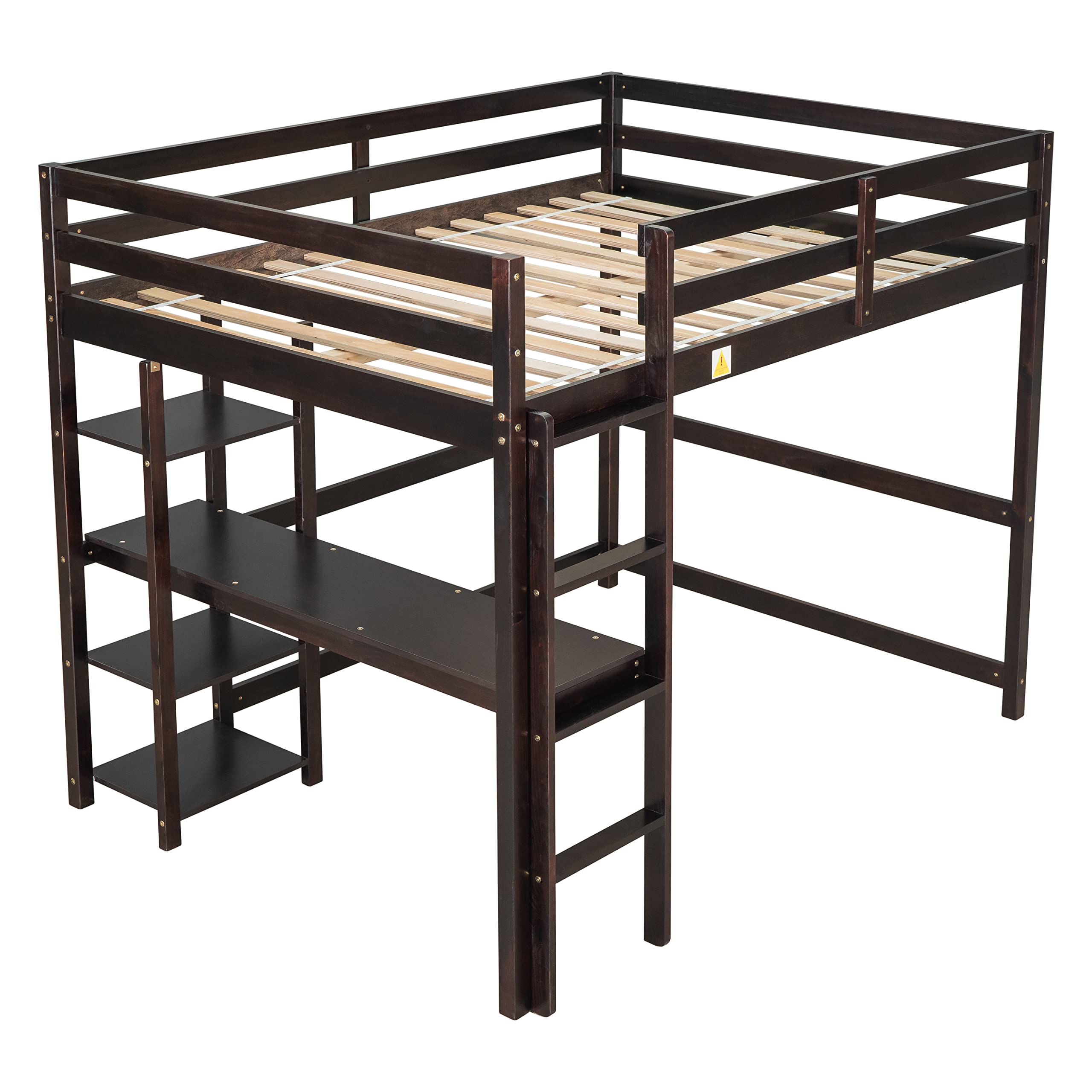 **Solid Pine Wood Full Loft Bed with Desk & Storage Shelf - Sturdy Espresso Loft Bed for Kids & Teens - No Box Spring Needed - Perfect for Small Bedrooms & Dorm Rooms**
