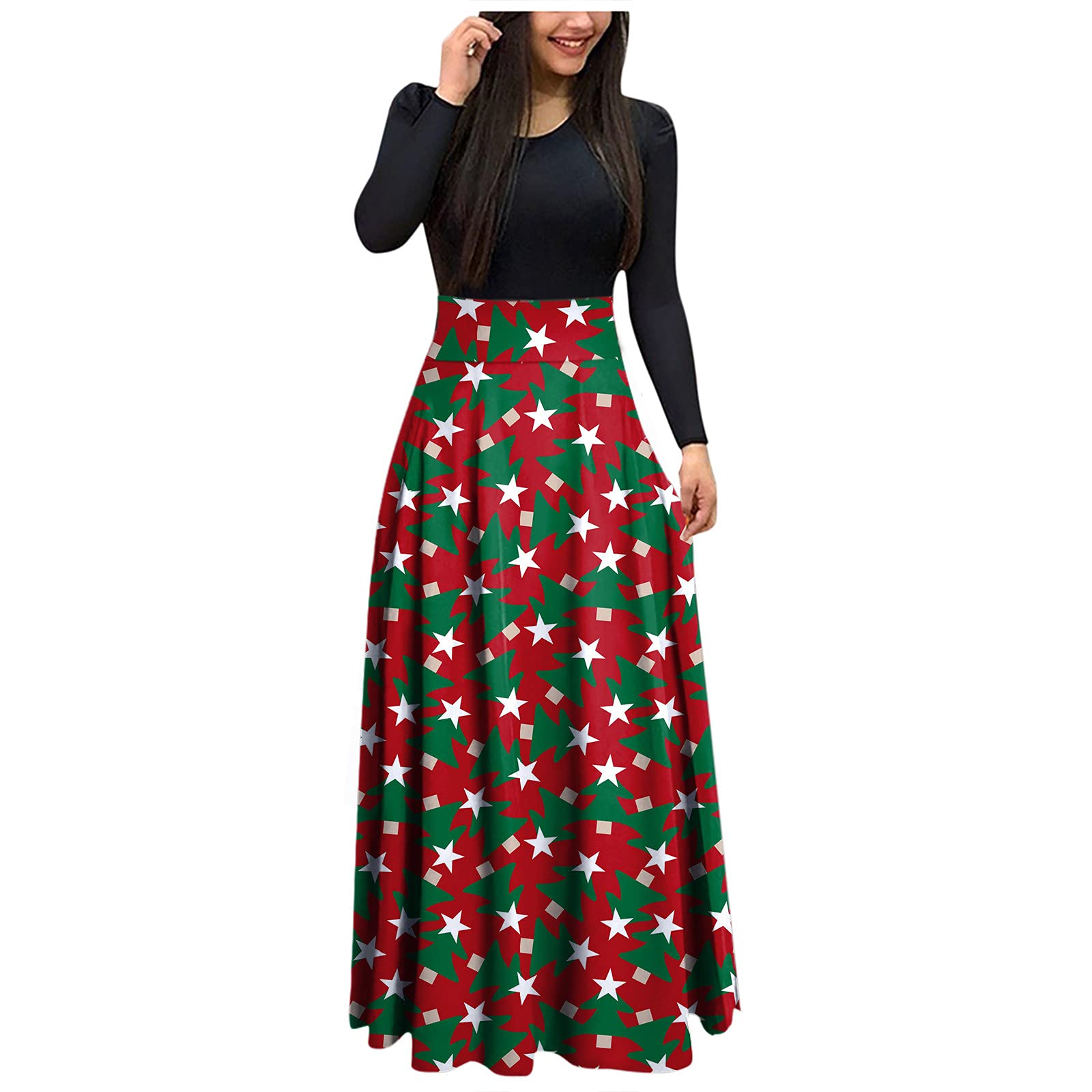 Elegant Women's Wedding Guest Dress - Long Sleeve Printed Round Neck Ankle-Length Party Gown for Christmas, Holiday & Special Occasions