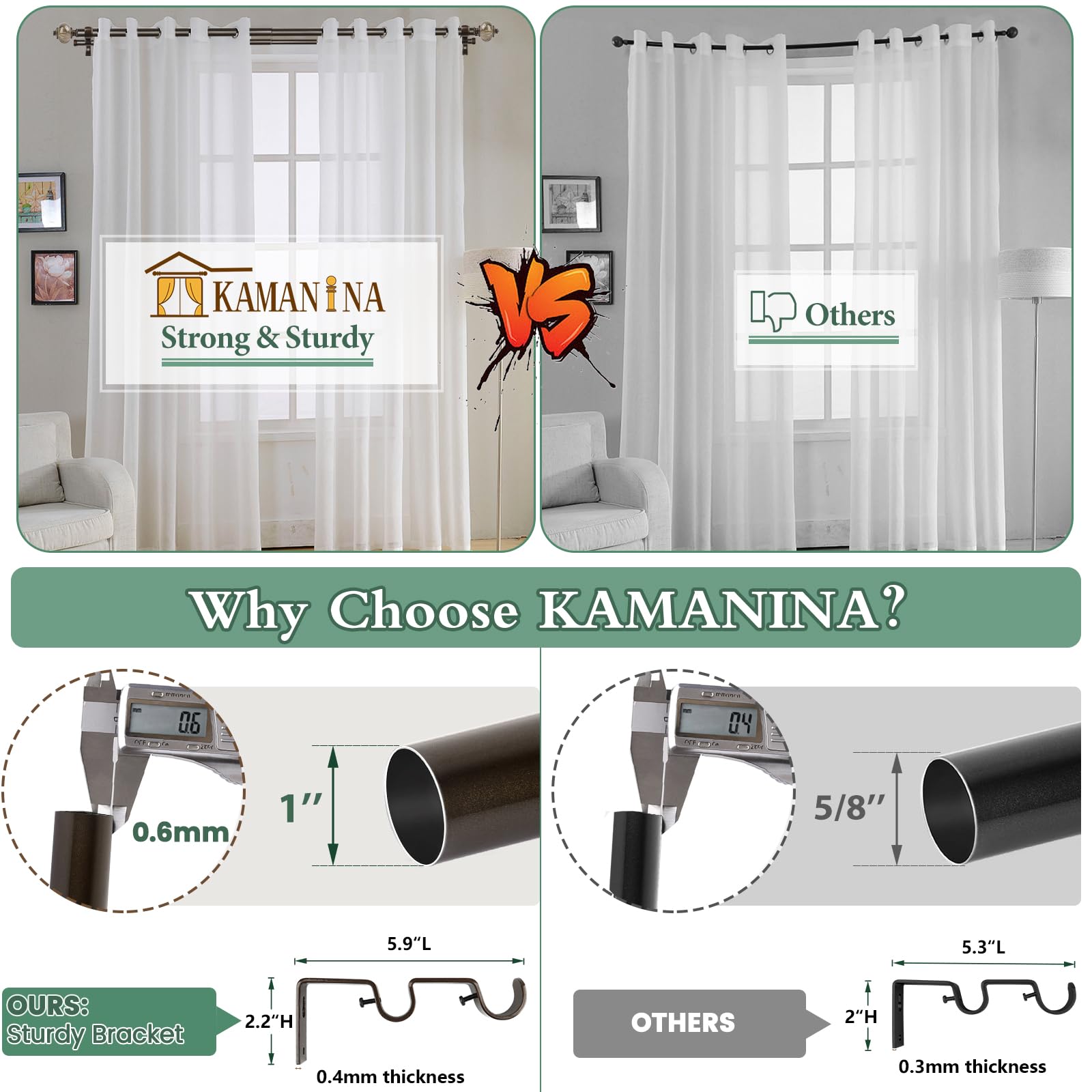 KAMANINA Bronze Telescoping Curtain Rod 66-144 Inches (2.6-12ft) - 1 Inch Decorative Window Drapery Rod with Marbled Finials - Perfect for Living Room, Bedroom & Home Decor