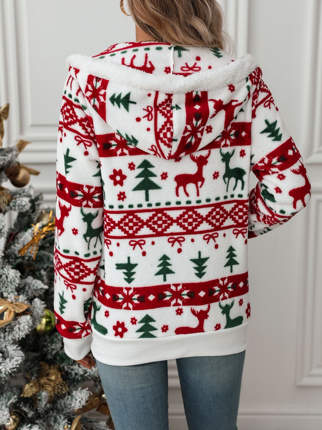 Christmas Drawstring Zip-Up Hooded Jacket - Cozy Holiday Pullover for Winter Outfits & Festive Gatherings