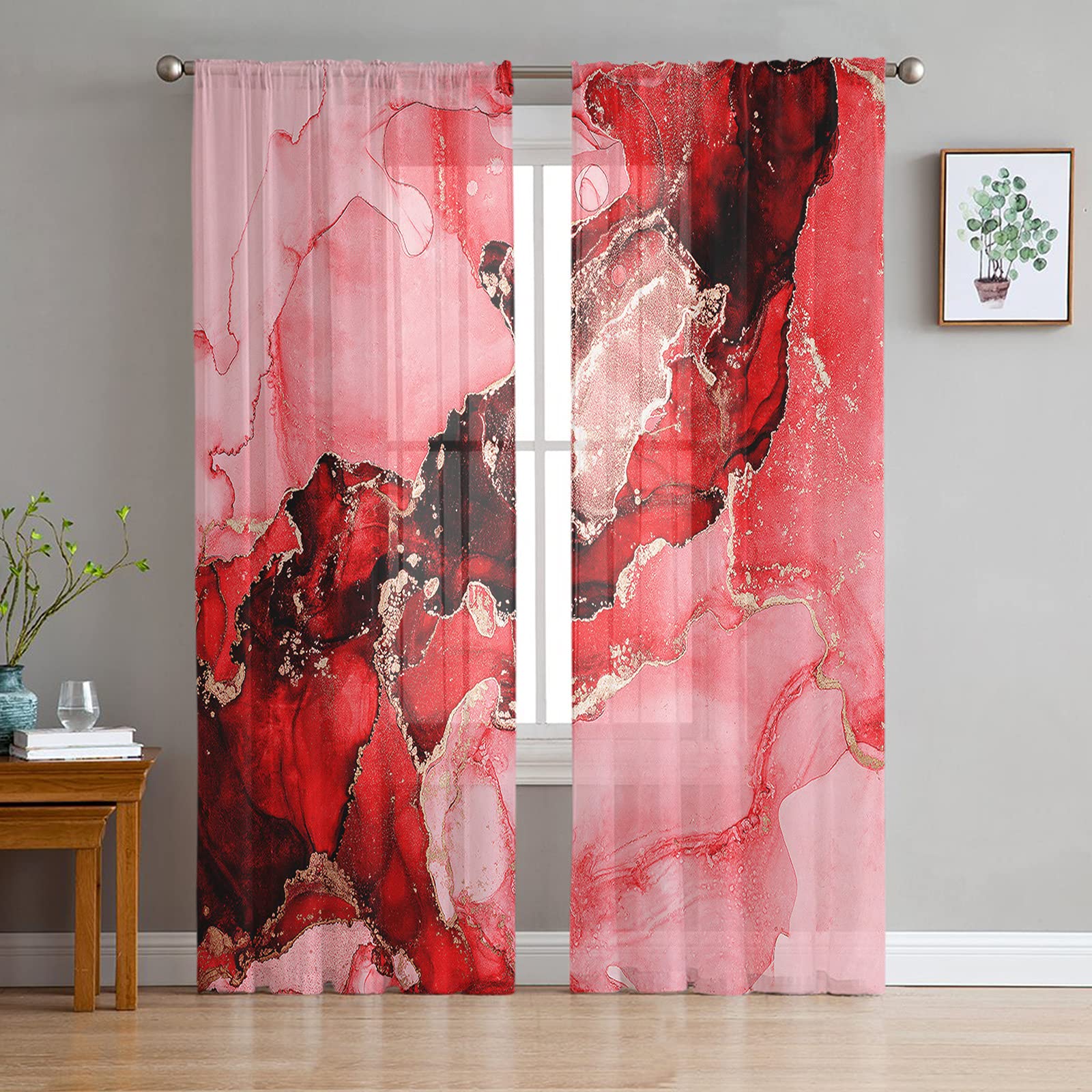 **Sheer Voile Curtains with Rod Pocket - Abstract Marble Modern Fluid Ink Art in Red & Gold - Light Filtering Window Treatment for Privacy - Set of 2 Panels - Perfect for Living Room, Bedroom, Yard, Patio & Villa**    *(Use Cases: Enhance home decor with elegant sheer drapes that soften sunlight while maintaining privacy. Ideal for living spaces, bedrooms, or outdoor areas like patios and villas.)*