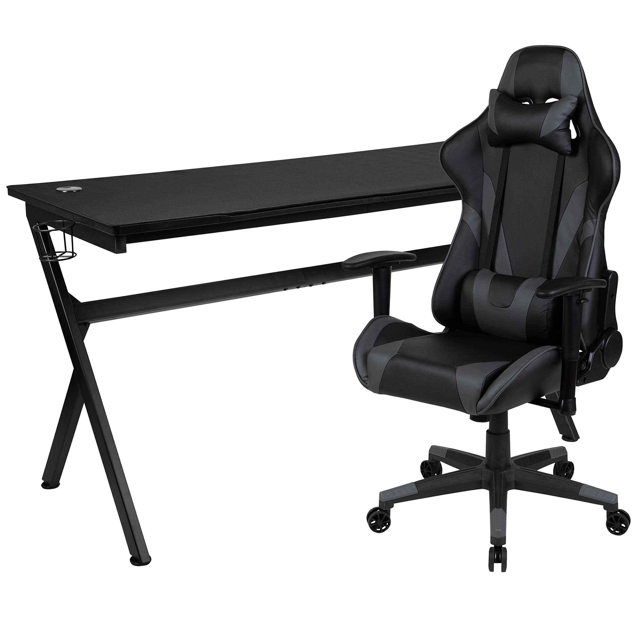 EMMA + OLIVER Black Gray Gaming Desk Bundle with Cup Holder, Headset Stand & Mouse Pad - Ergonomic Computer Desk for PC Gaming Setup, Home Office & Streaming Station