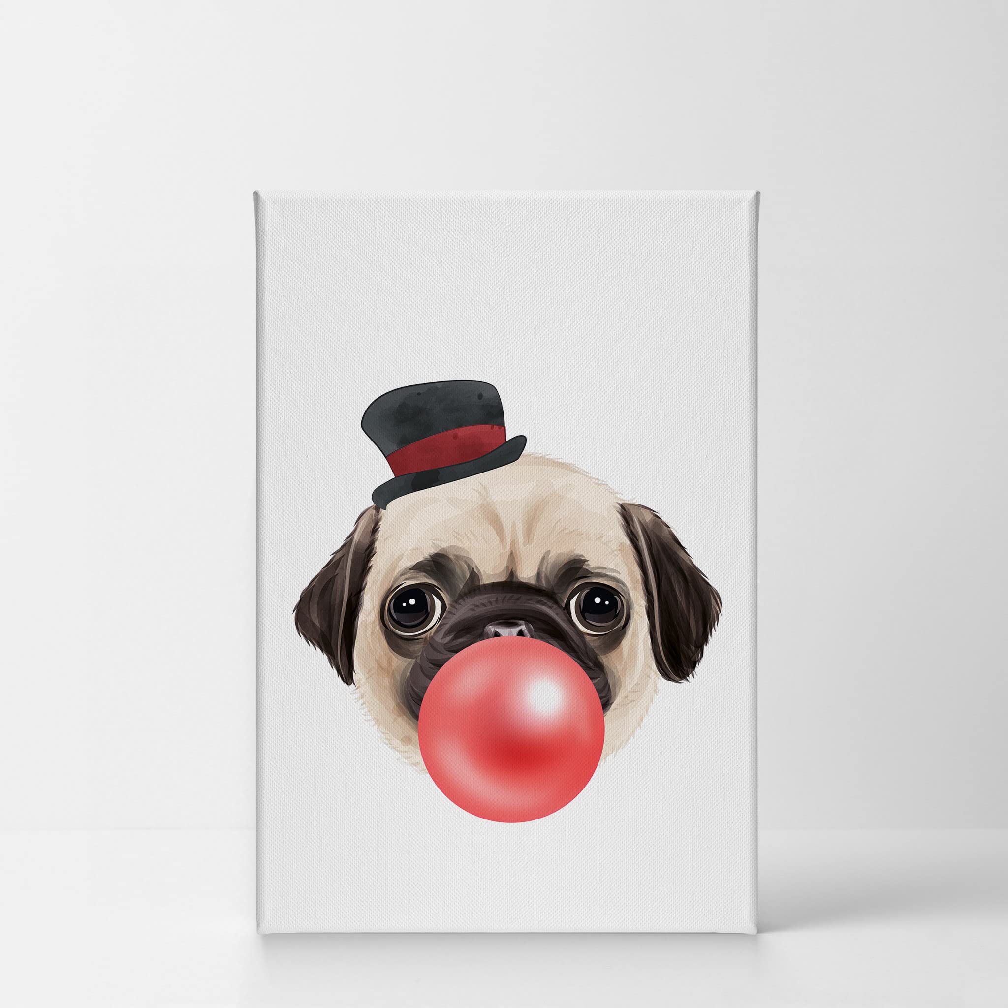 Pug Dog with Hat Chewing Bubble Gum Canvas Wall Art Print - 36x24 Inch Pet Lover Gift, Pop Art Animal Portrait for Office, Living Room, Bedroom & Nursery Decor | Funny Dog Artwork for Home & Kids Room