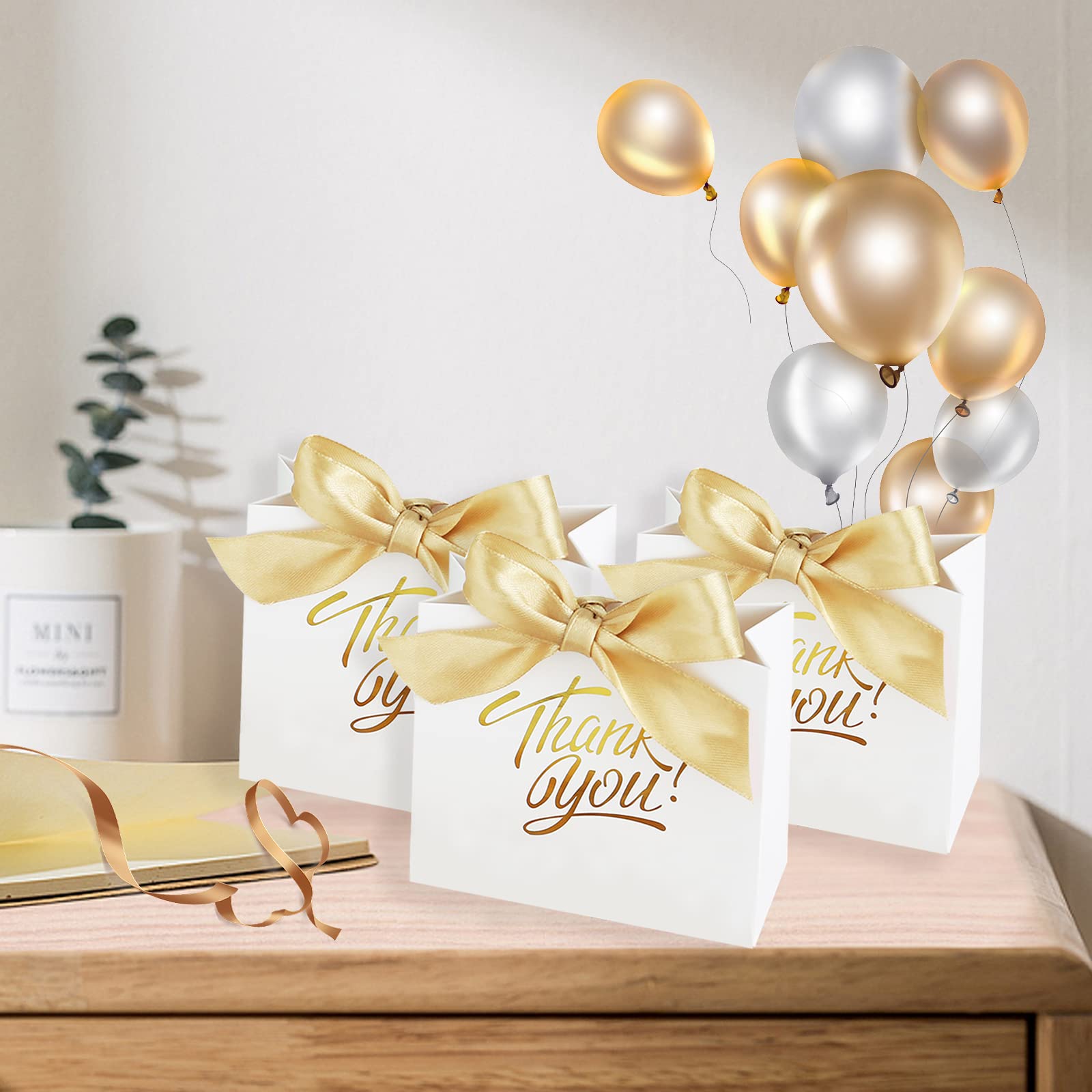 KPOSIYA 50 Pack Small White Gift Bags with Bow Ribbon, 4.5x1.8x3.9 Inches Thank You Bags for Wedding, Baby Shower, Birthday Party Favors, Bridal Gifts, Candy & Treat Packaging - Perfect for Party Decorations and Special Occasions