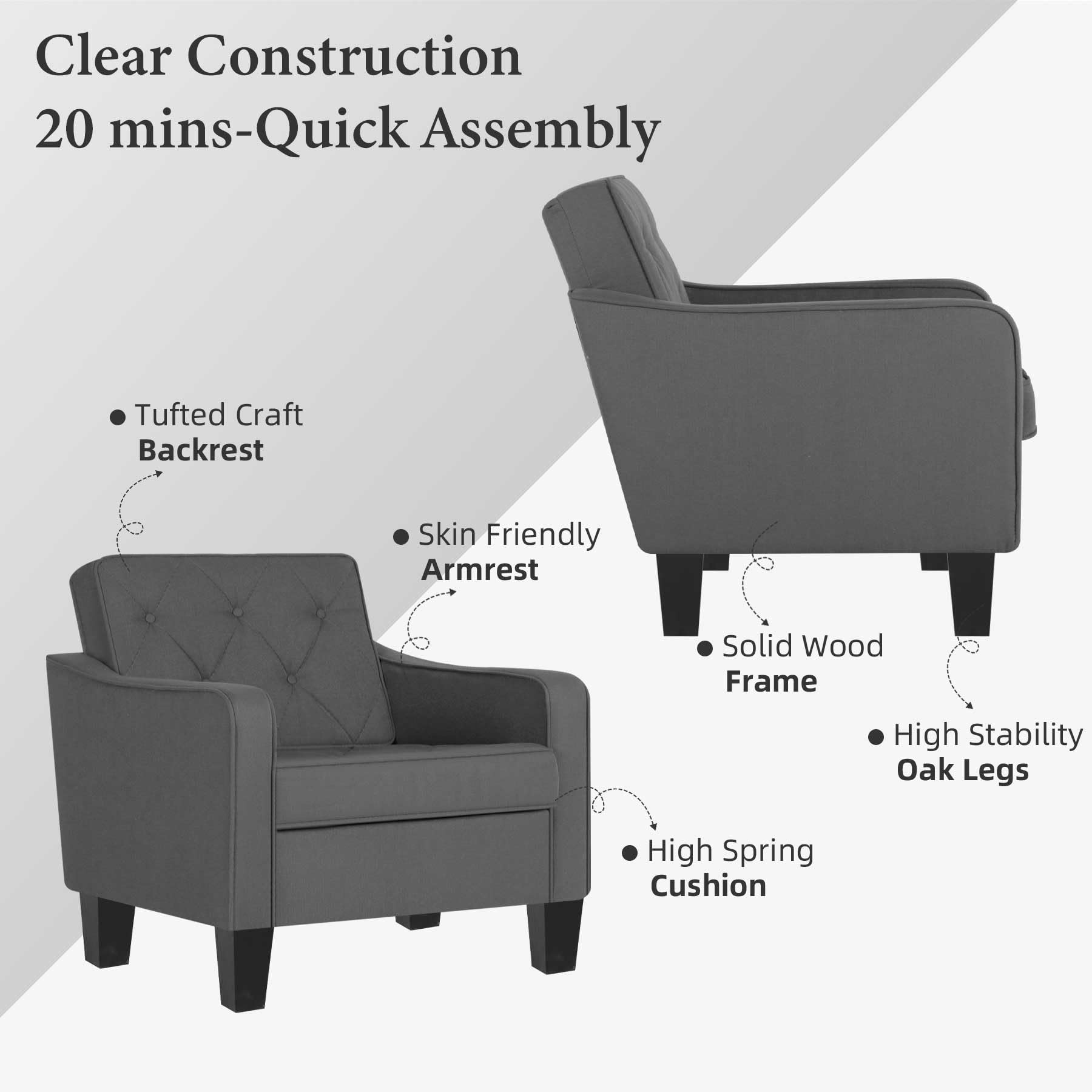 STHOUYN 2-Piece Grey Tufted Accent Chairs Set - Modern Living Room Armchairs, Comfortable Club Chairs for Bedroom, Office & Small Spaces - Perfect for Reading, Waiting Areas & Home Decor