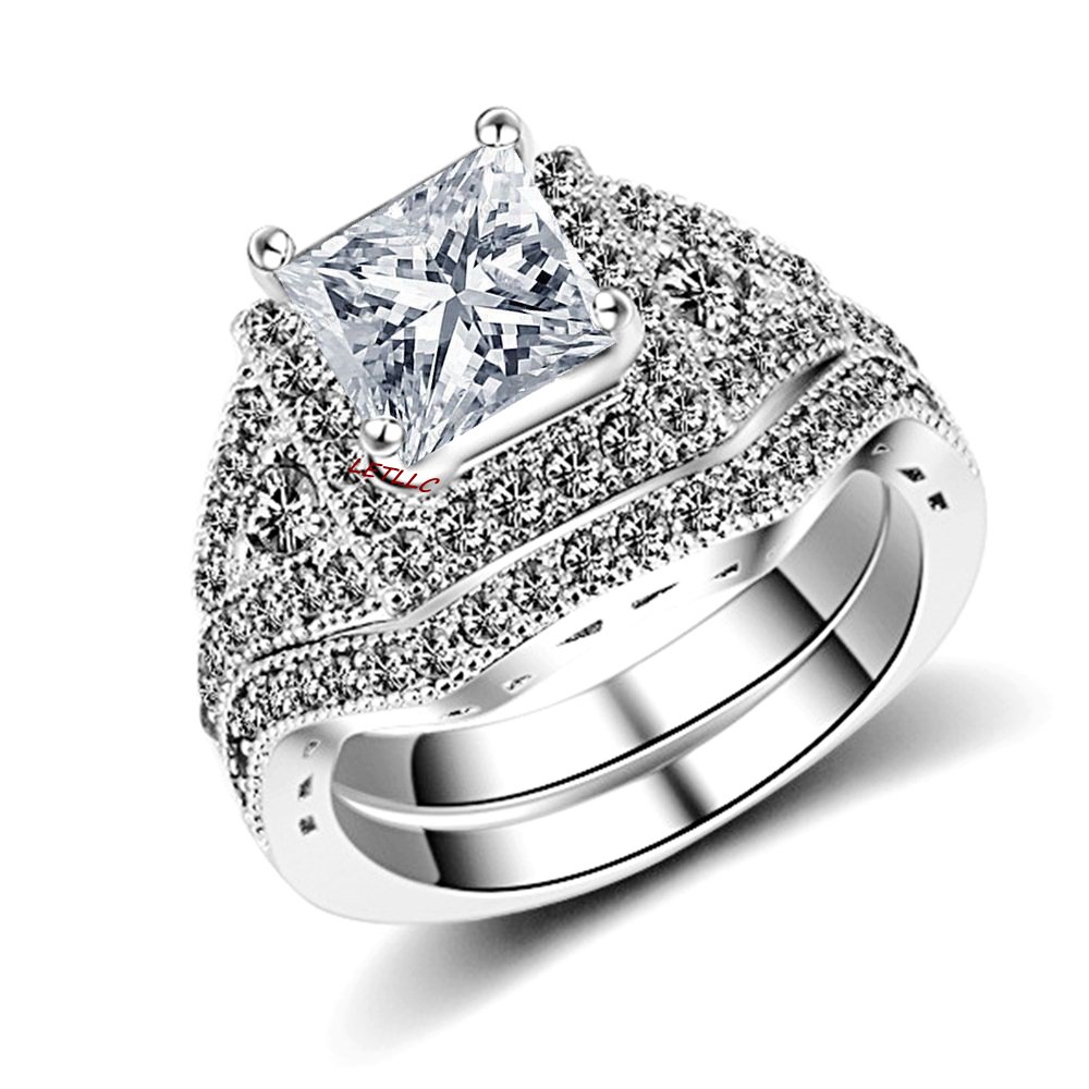 LILY TREACY 3ct CZ Princess Cut Solitaire Ring Set - Engagement, Promise & Wedding Band Set (Sizes 7,8,9) - Perfect for Proposals, Anniversaries & Bridal Jewelry Gifts