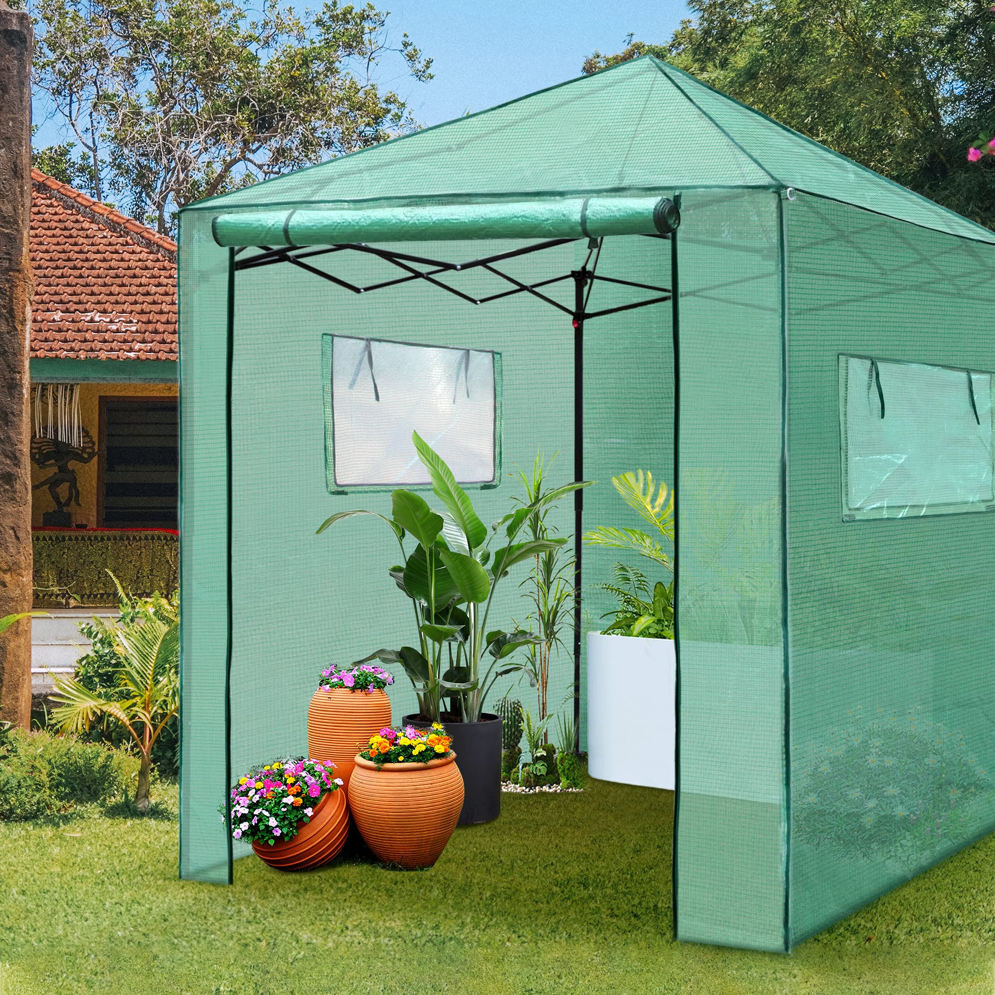 PexFix 8'x8' Portable Walk-in Greenhouse for Indoor & Outdoor Gardening - Easy Setup Pop-Up Greenhouse with 2 Roll-Up Mesh Windows & Zippered Door - Perfect for Seed Starting, Plant Protection & Year-Round Growing (Green, Model A-GE06016)