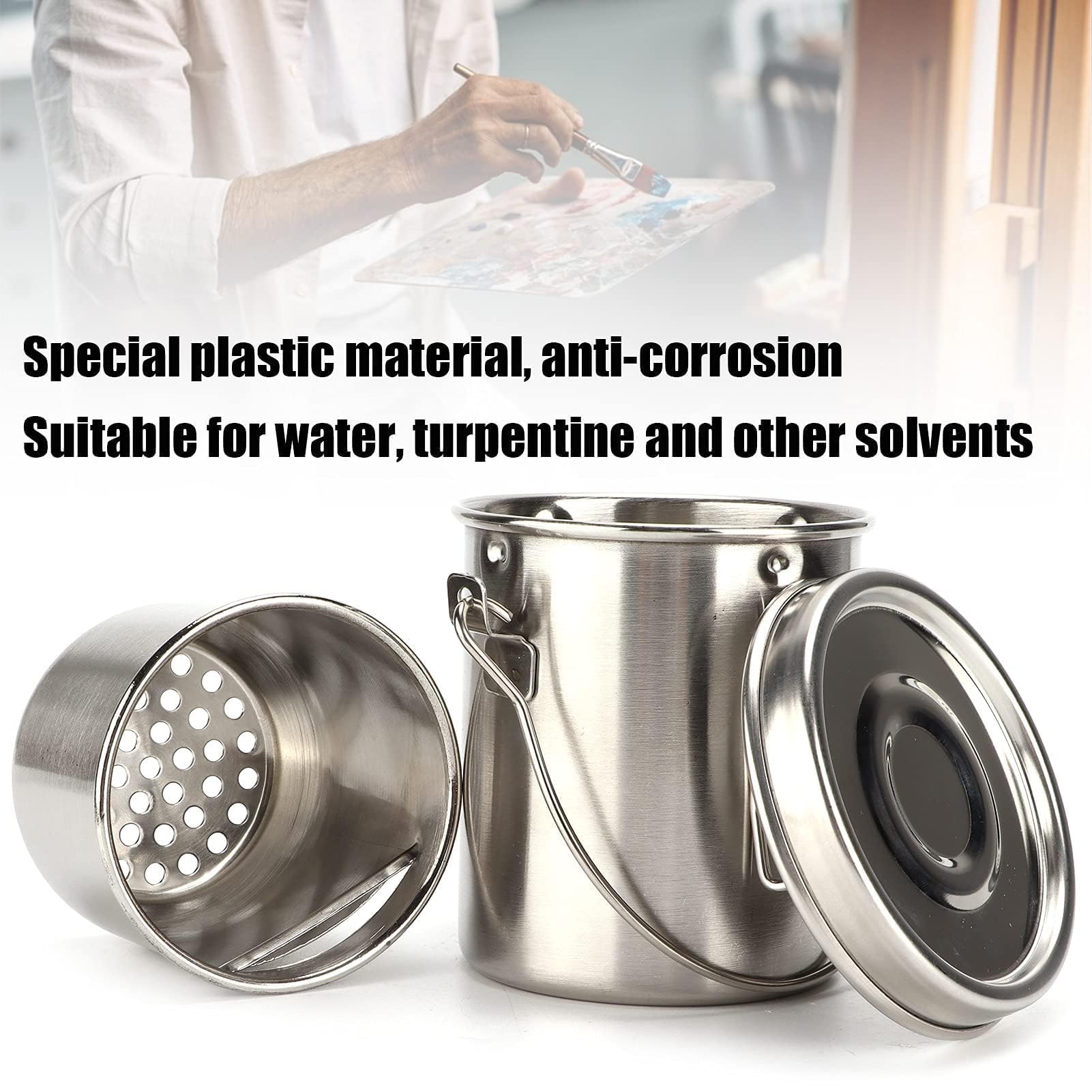 Stainless Steel Paint Brush Cleaner & Washer with Double Dipper Container Cup - Paint Brush Holder & Rinse Cup for Artists & DIY Projects - Perfect for Oil, Acrylic & Watercolor Painting