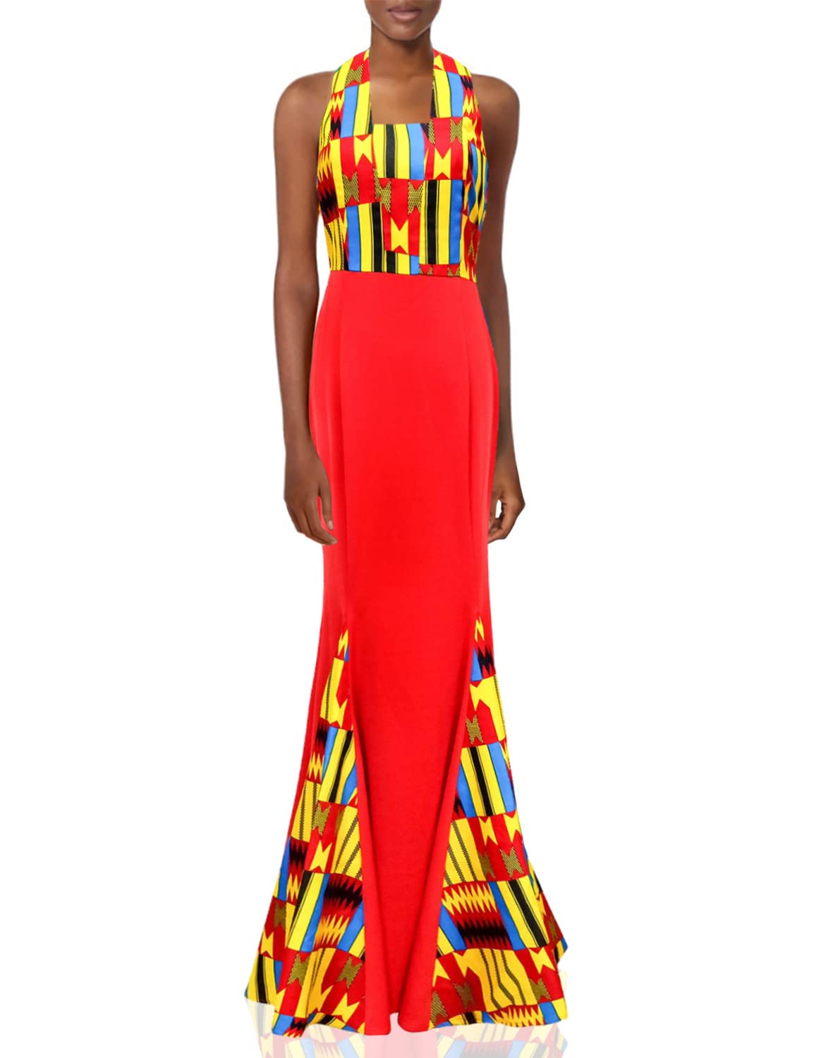 African Kente Print Maxi Dress for Women - Ankara Long Evening Gown with Vibrant Patterns - Perfect for Parties, Weddings & Special Occasions