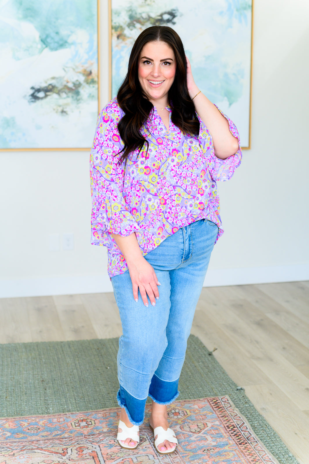 Lizzy Bell Sleeve Top Women's Vintage Floral Blouse - Lavender Ditsy Print Retro Style for Casual Wear, Date Night & Spring Outfits