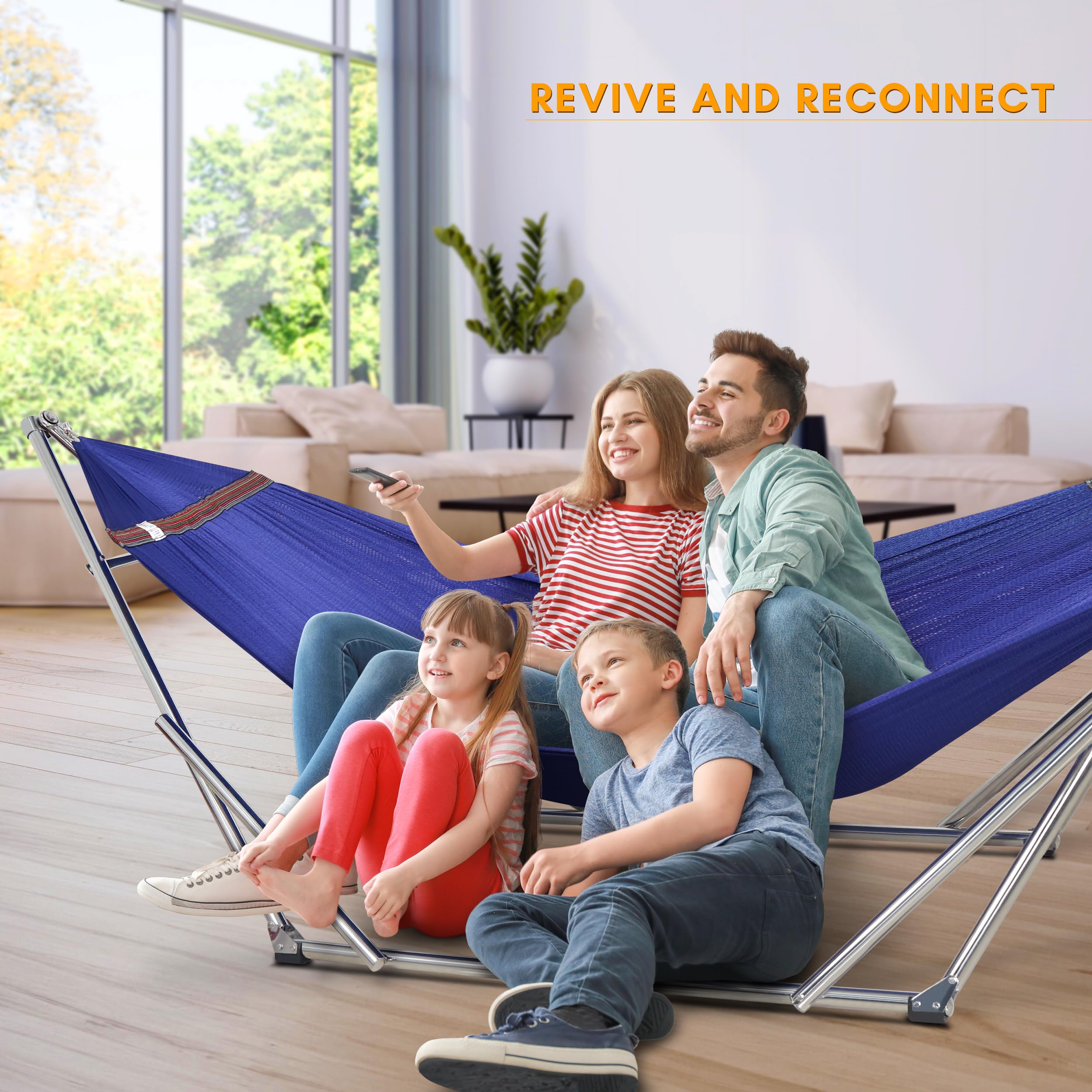 **Tranquillo Double Hammock with Stand - 650lb Capacity Heavy Duty Hammock Set with Spreader Bar, Solid 201 Stainless Steel Frame - 30s Quick Setup, Portable & Sturdy for Indoor & Outdoor Use - Perfect for Backyard, Camping, Beach & Patio Relaxation (Blue)**
