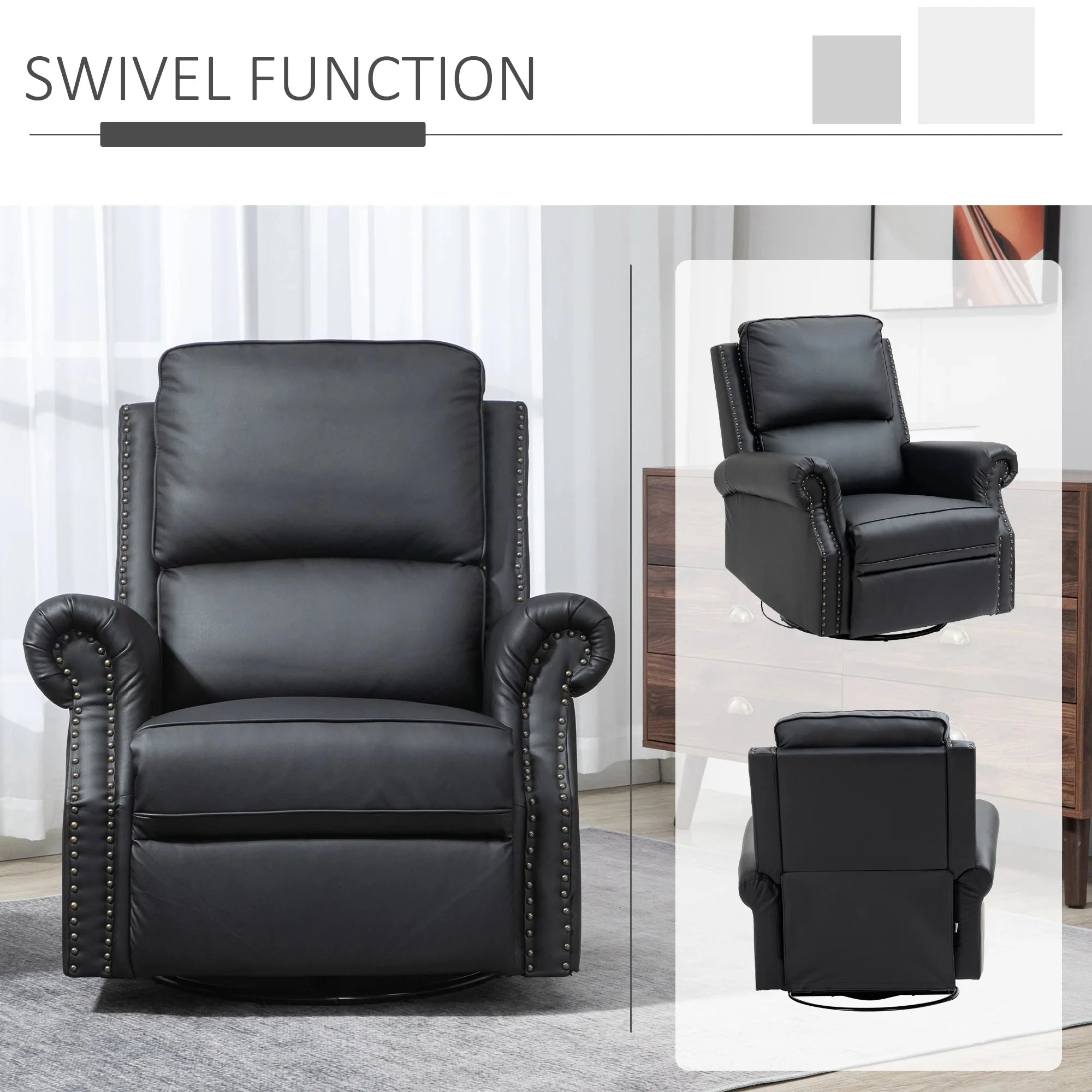 Faux Leather Swivel Rocker Recliner Chair with Nailhead Trim - Traditional Style Living Room Furniture for Relaxation & Comfort