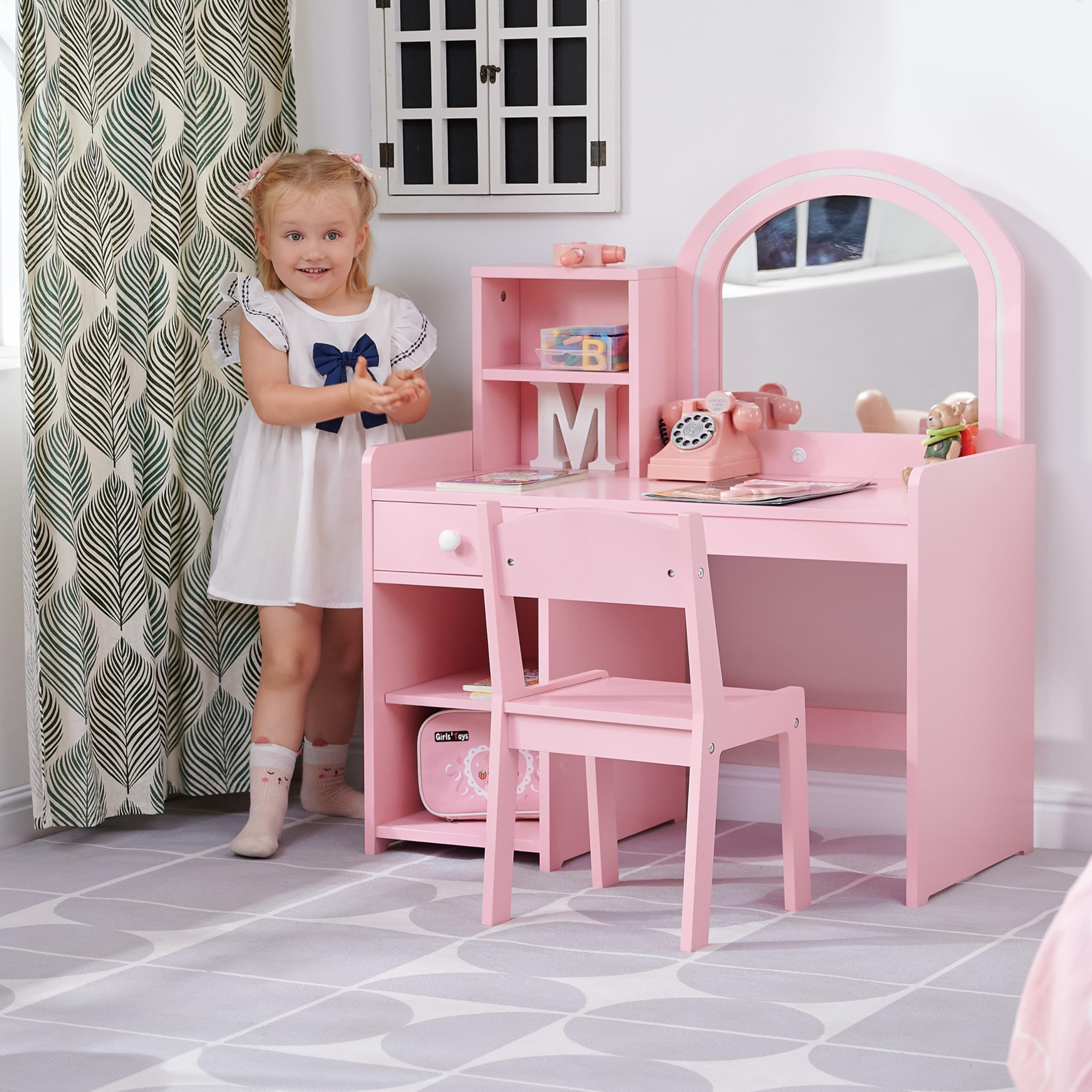 Pink Princess Vanity Set with Mirror & Stool for Girls - Kids Makeup & Dress Up Play