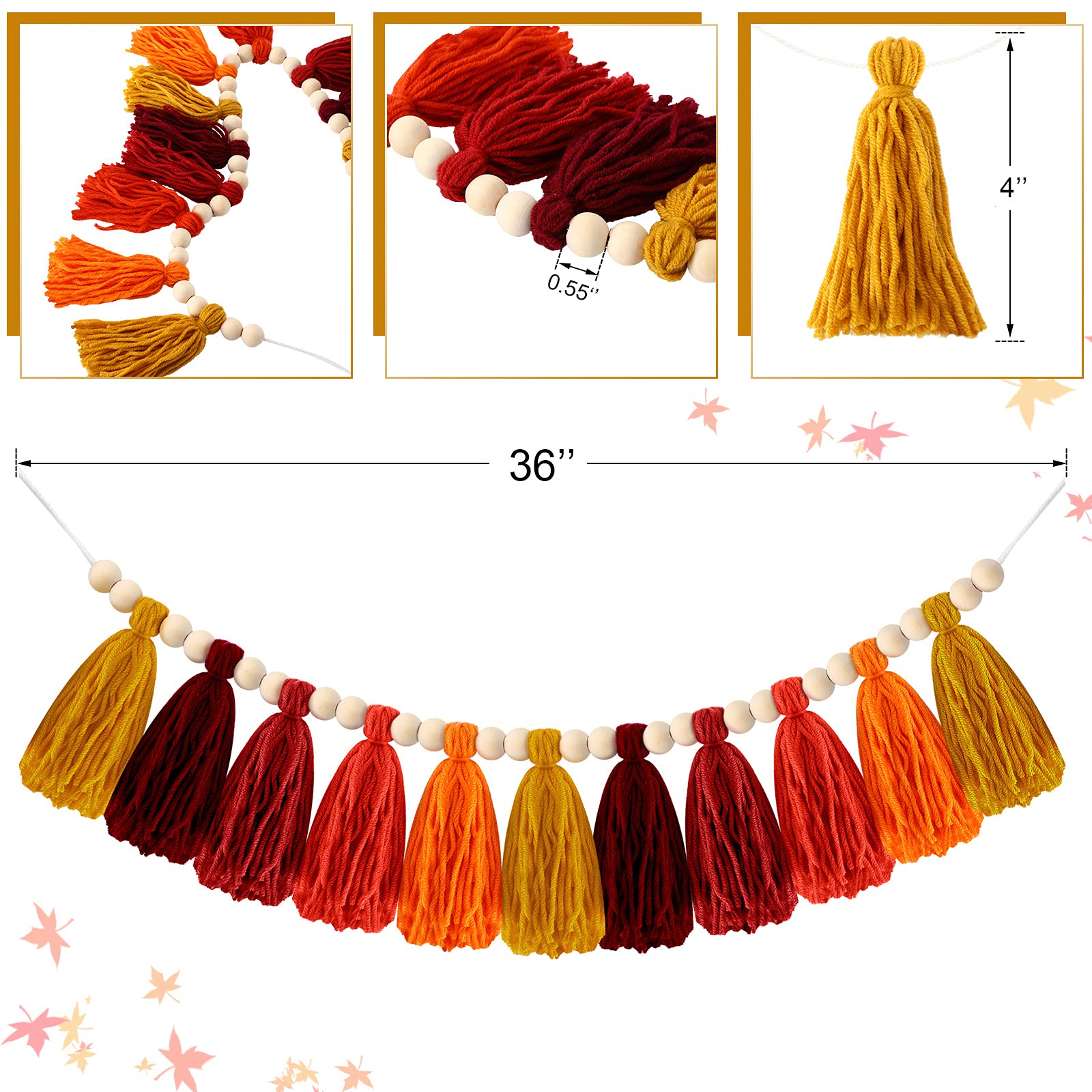 36 Inch Wood Beads Garland with Tassels - Natural Wooden Boho Decor for Rustic Country Home, Fall Table Centerpiece, Wall Shelf & Vase Styling - Perfect for Living Room, Bedroom & Wedding Decor