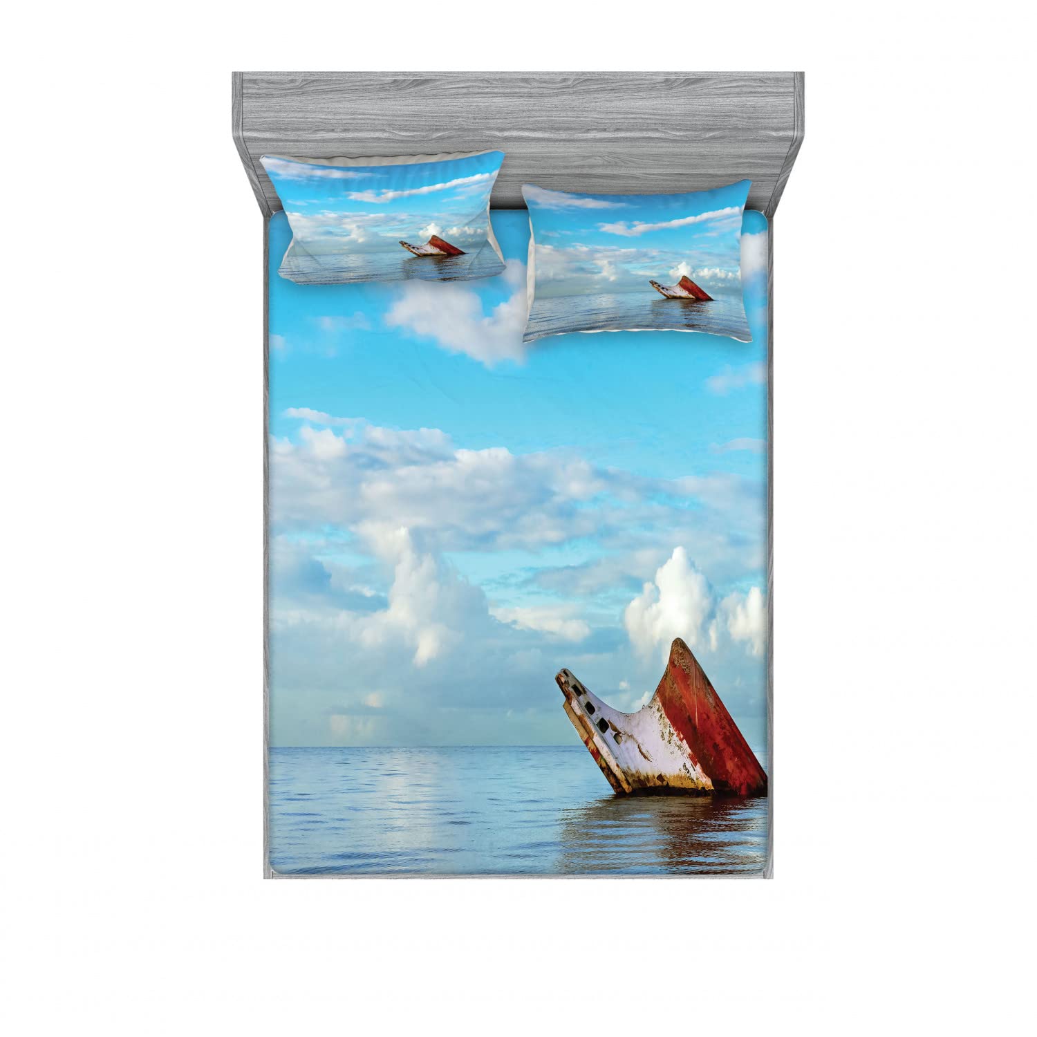 Ambesonne Nautical 2-Pack Full Size Fitted Sheet Set with Pillow Shams - Shipwreck Landscape Design, Blue & White Coastal Bedding (4-Piece Set) - Perfect for Beach House, Guest Room, or Nautical Themed Decor