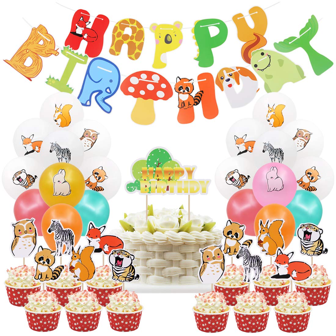 48 Pcs Jungle Animal Birthday Party Decorations - Happy Birthday Banner, Cake Toppers, Food Toothpicks, Latex Balloons (Fox, Rabbit, Raccoon) for Kids Birthday Party Supplies | Perfect for Jungle Theme Parties, Baby Showers & Classroom Decorations