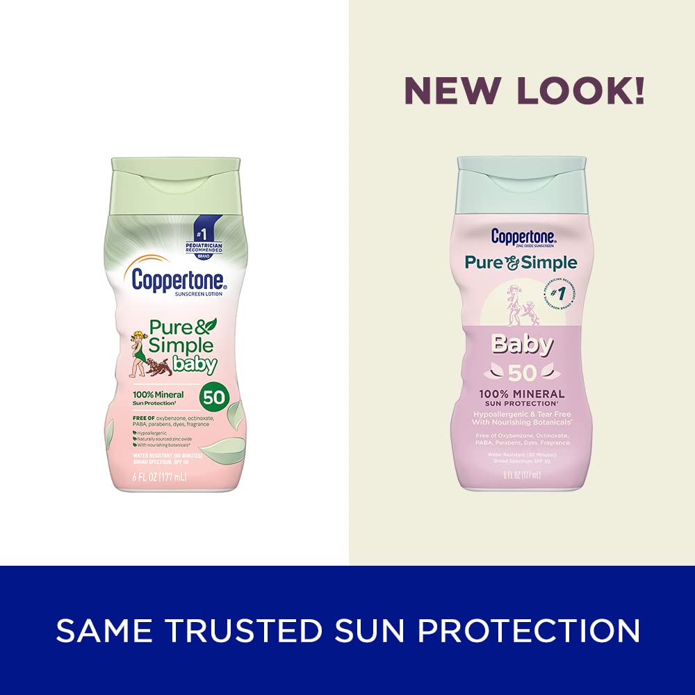 Coppertone Pure & Simple SPF 50 Mineral Sunscreen Lotion with Zinc Oxide - Tear-Free, Water-Resistant, Broad Spectrum UVA/UVB Protection - 6oz (Pack of 18) - Gentle for Baby Skin, Perfect for Beach, Pool & Outdoor Activities