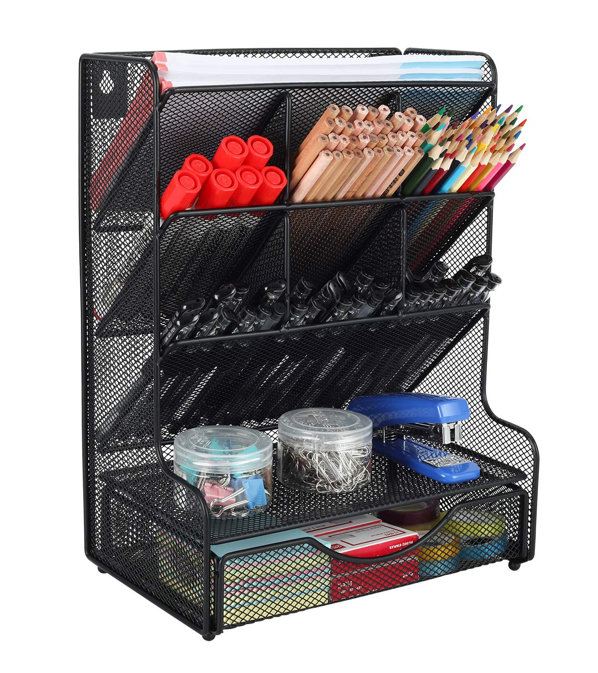 PAG Metal Mesh Desk Organizer with 9 Compartments & Drawer - Black Office Supplies Storage Caddy, Wall Mountable Pencil Holder for Kids - Perfect for School, Home Office & Workspace Organization
