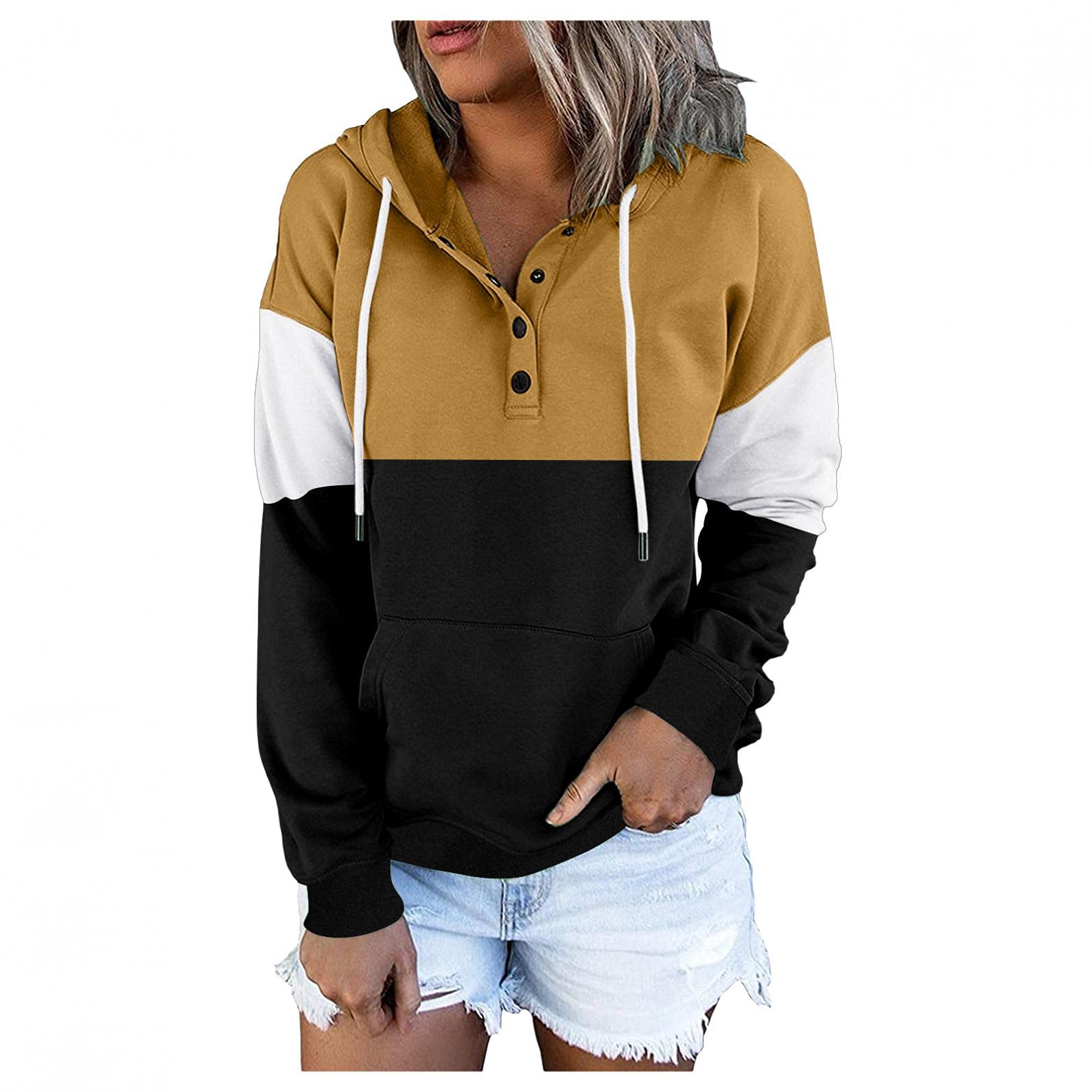 Women's Long Sleeve Color Block Hooded Sweatshirt with Drawstring & Pocket - Casual Pullover Hoodie for Everyday Wear, Workout, and Outdoor Activities