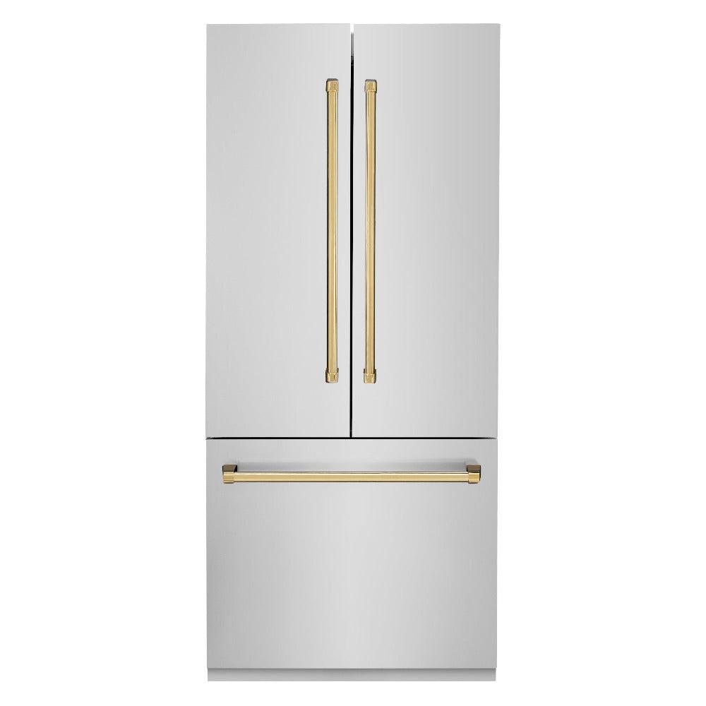 ZLINE Autograph Edition 36 Inch French Door Built-In Refrigerator with Bottom Freezer - 19.6 cu.ft Capacity, Stainless Steel with Polished Gold Accents, Water Dispenser & Ice Maker - Perfect for Modern Kitchens & Luxury Homes (RBIVZ 304 36 G)