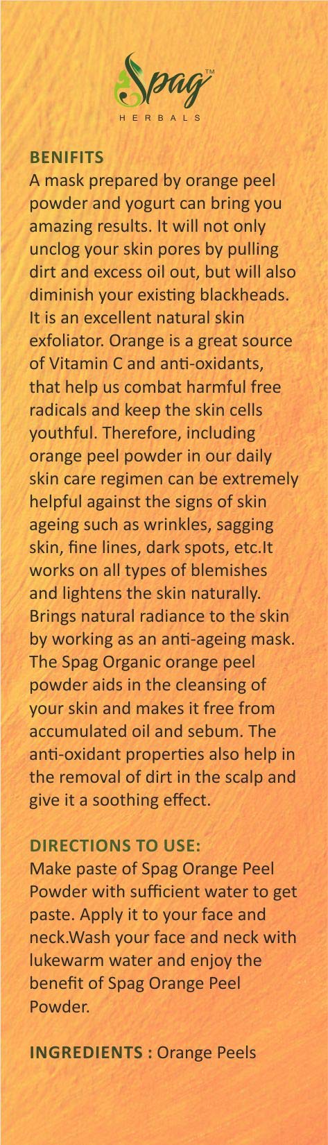 Organic Orange Peel Powder for Skin Brightening & Glowing - 120g | Spag Herbals Premium Face Whitening Treatment | Natural Exfoliator for Acne, Dark Spots & Dull Skin | DIY Face Mask & Skincare Routine