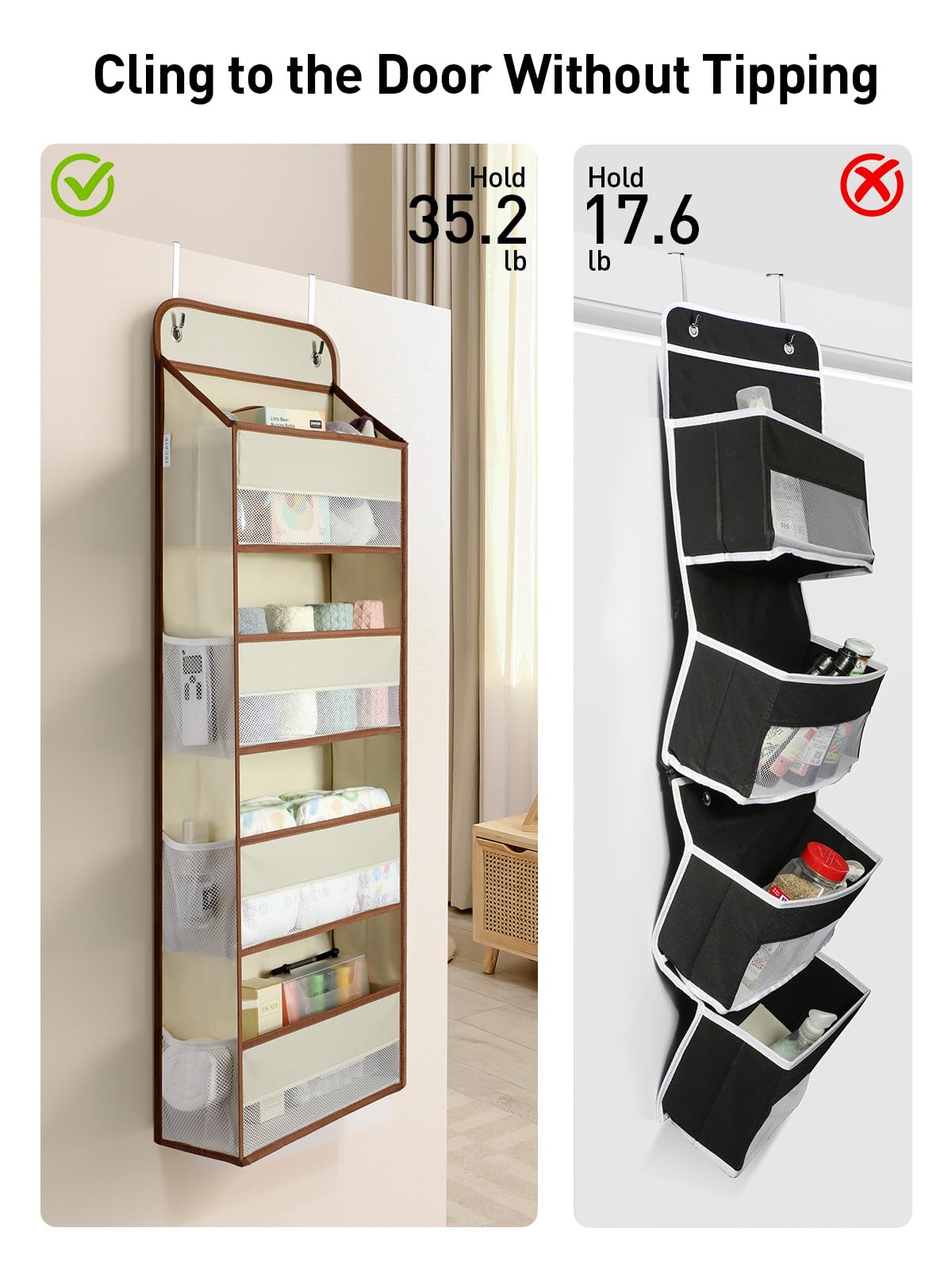 Yecaye Over the Door Storage Organizer - 35.2lbs Capacity Hanging Closet Organizer with 4 Bins & 6 Side Pockets - No Sagging Bathroom & Nursery Door Storage for Baby Essentials, Toys & Towels - Beige | Perfect for Small Spaces, Closet Organization & Baby Room Storage