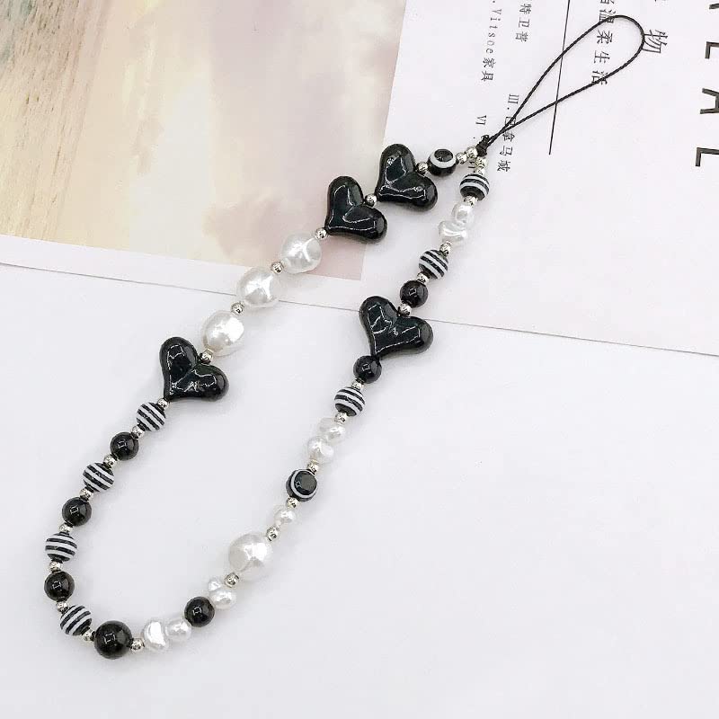 Black Heart Pearl Beaded Phone Lanyard Wrist Strap for Women & Girls - Stylish Phone Charm with Pearls, Elegant Beaded Phone Chain, Perfect for Everyday Use, Parties, and Gifts